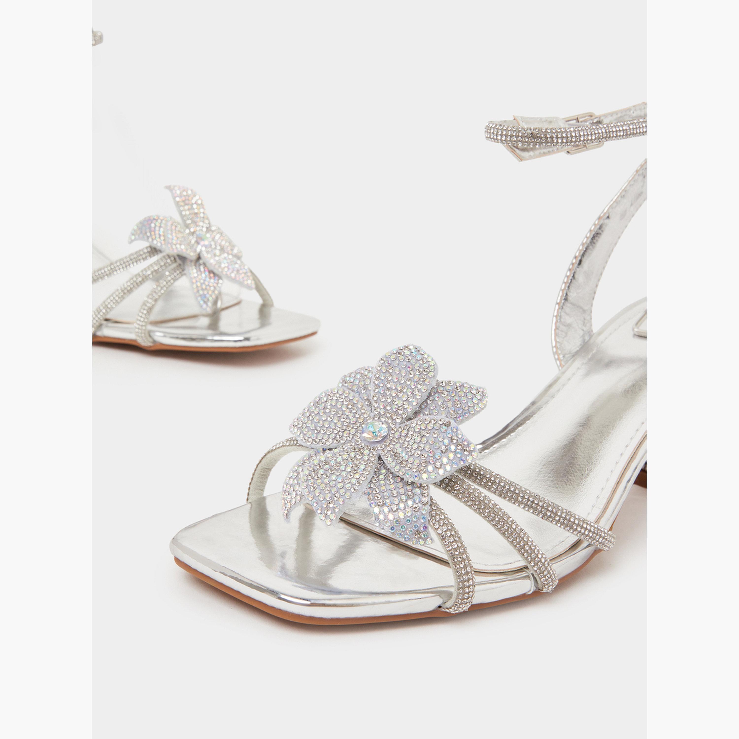 Styli Silver Flower Trim Block Heel Sandals-women-shoes-sandals-heeled-image-4