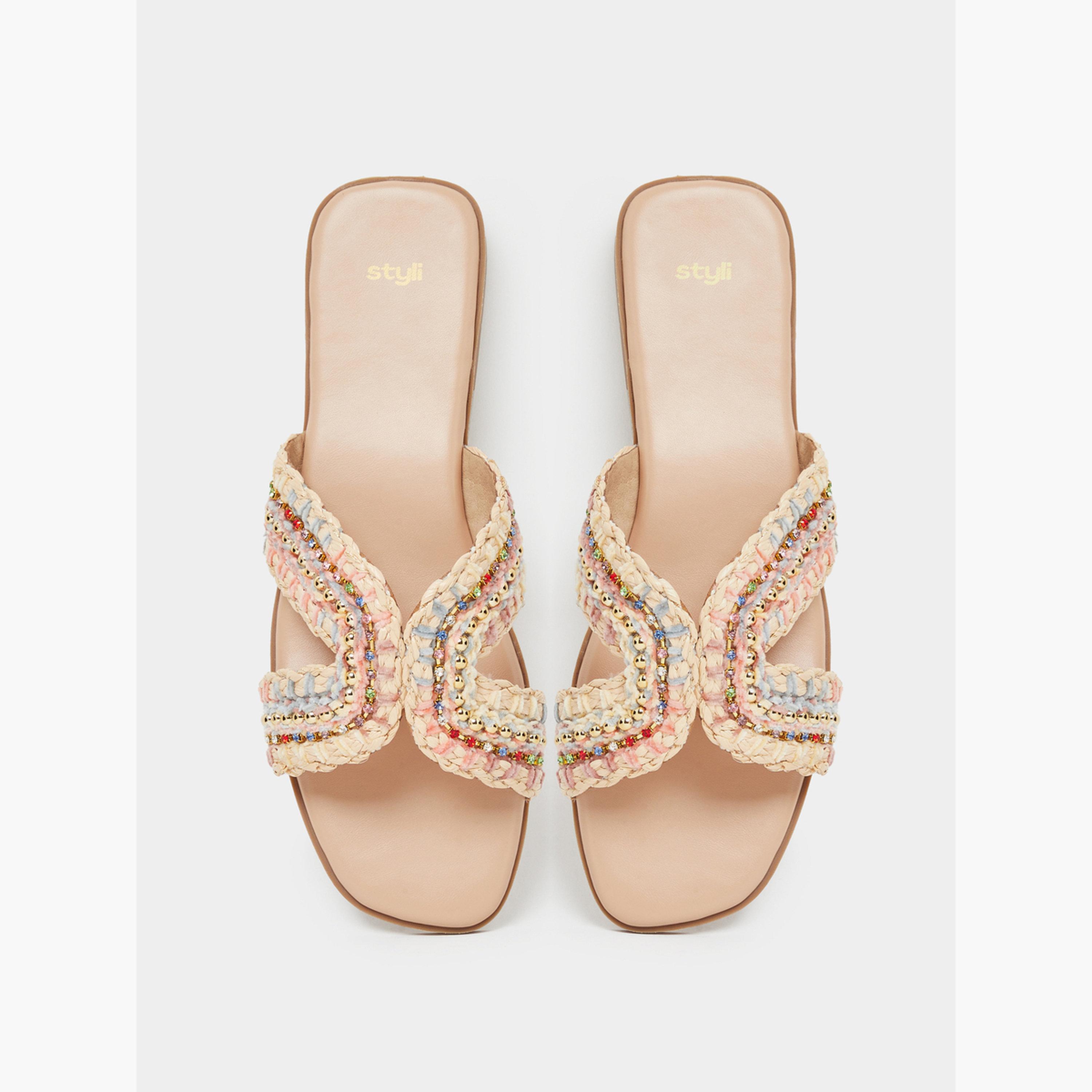 ستايلي - صندل مسطح بيج مزين-women-shoes-sandals-flats-image-3