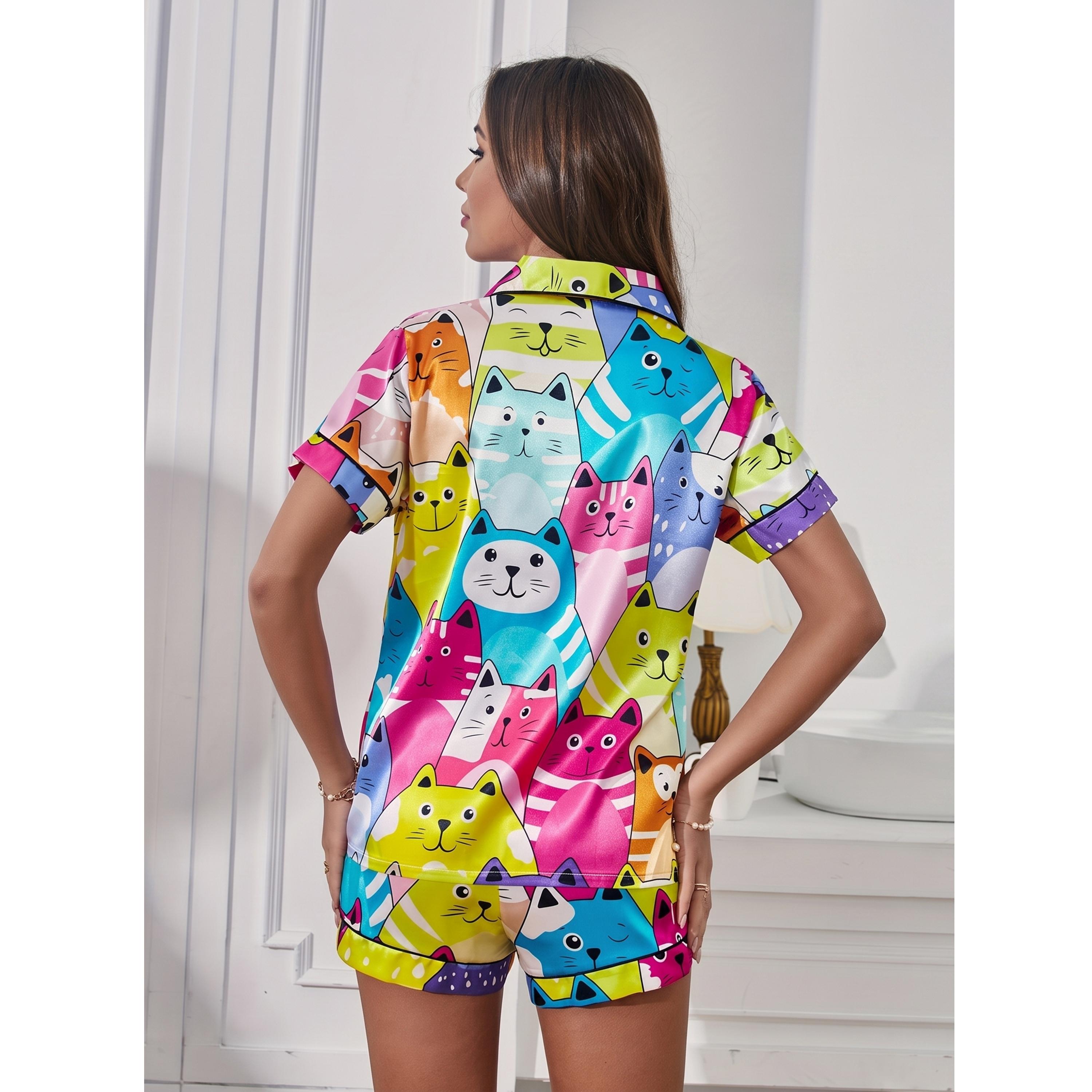 طقم بيجاما من شورت وبلوزة بطبعة جرافيك متعدد الألوان-women-clothing-nightwear-pyjamas-shortsets-image-5