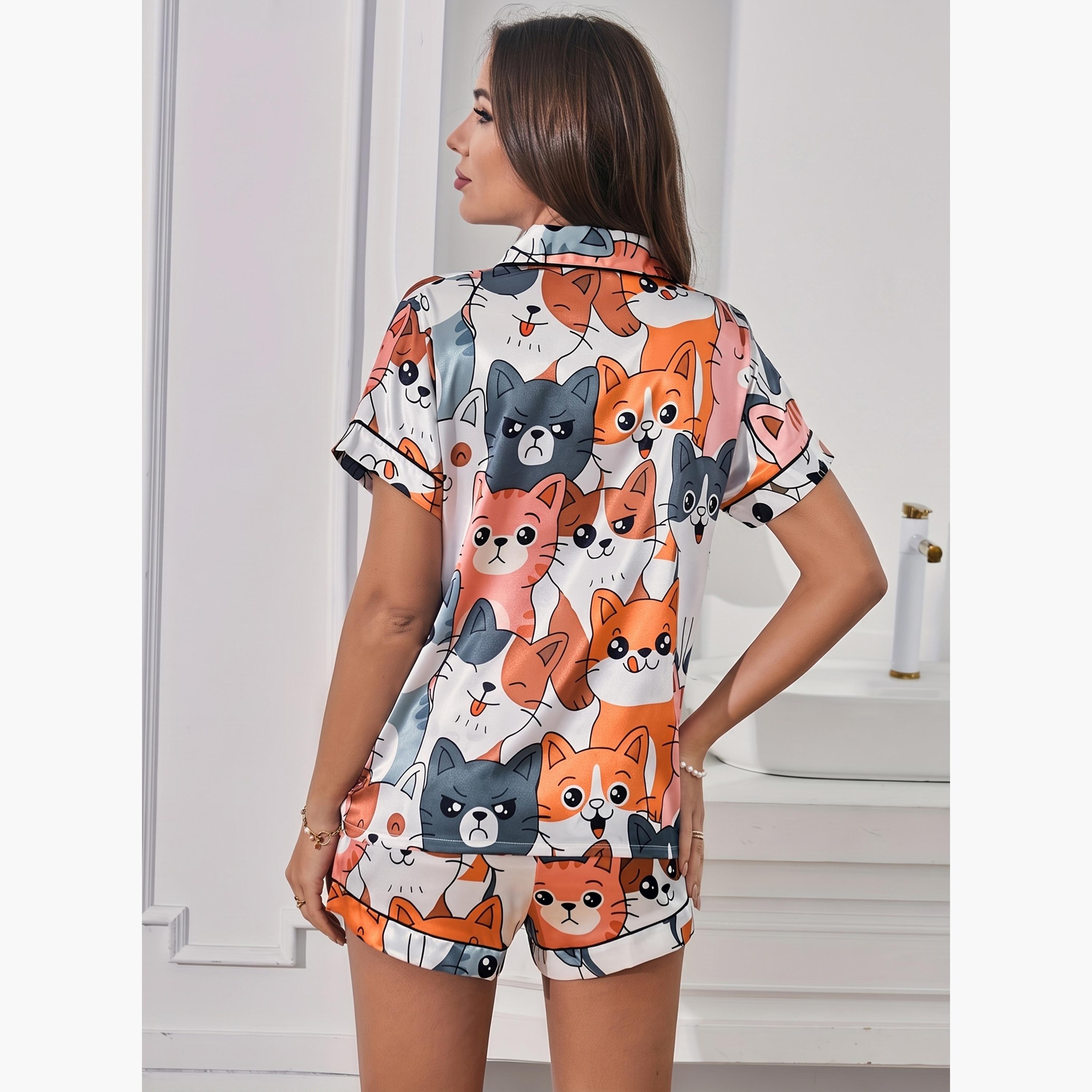 طقم بيجاما من شورت وبلوزة بطبعة جرافيك متعدد الألوان-women-clothing-nightwear-pyjamas-shortsets-image-5