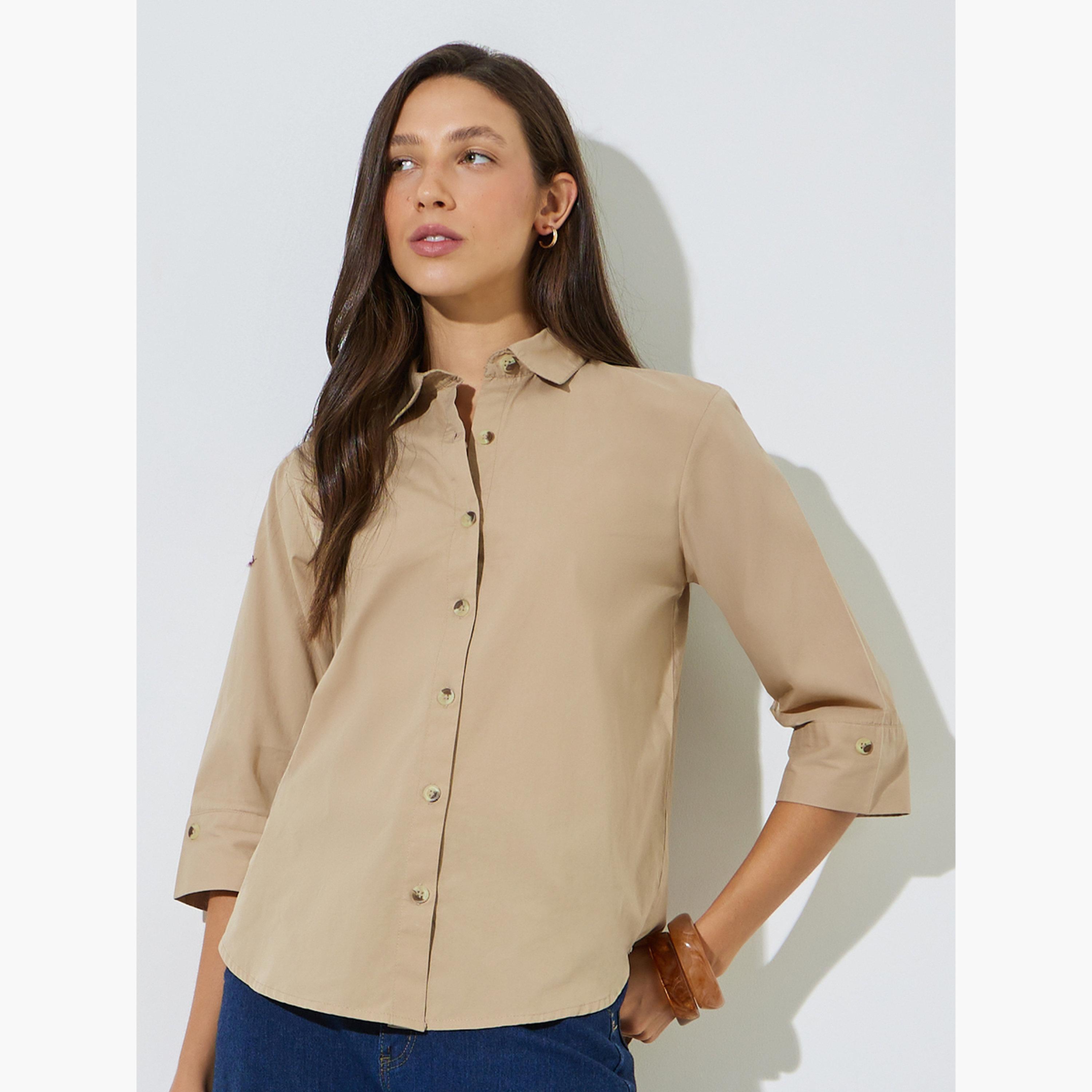 ستايلي - قميص بيج قطني بقصة مريحة-women-clothing-shirtsandblouses-shirts-image-1
