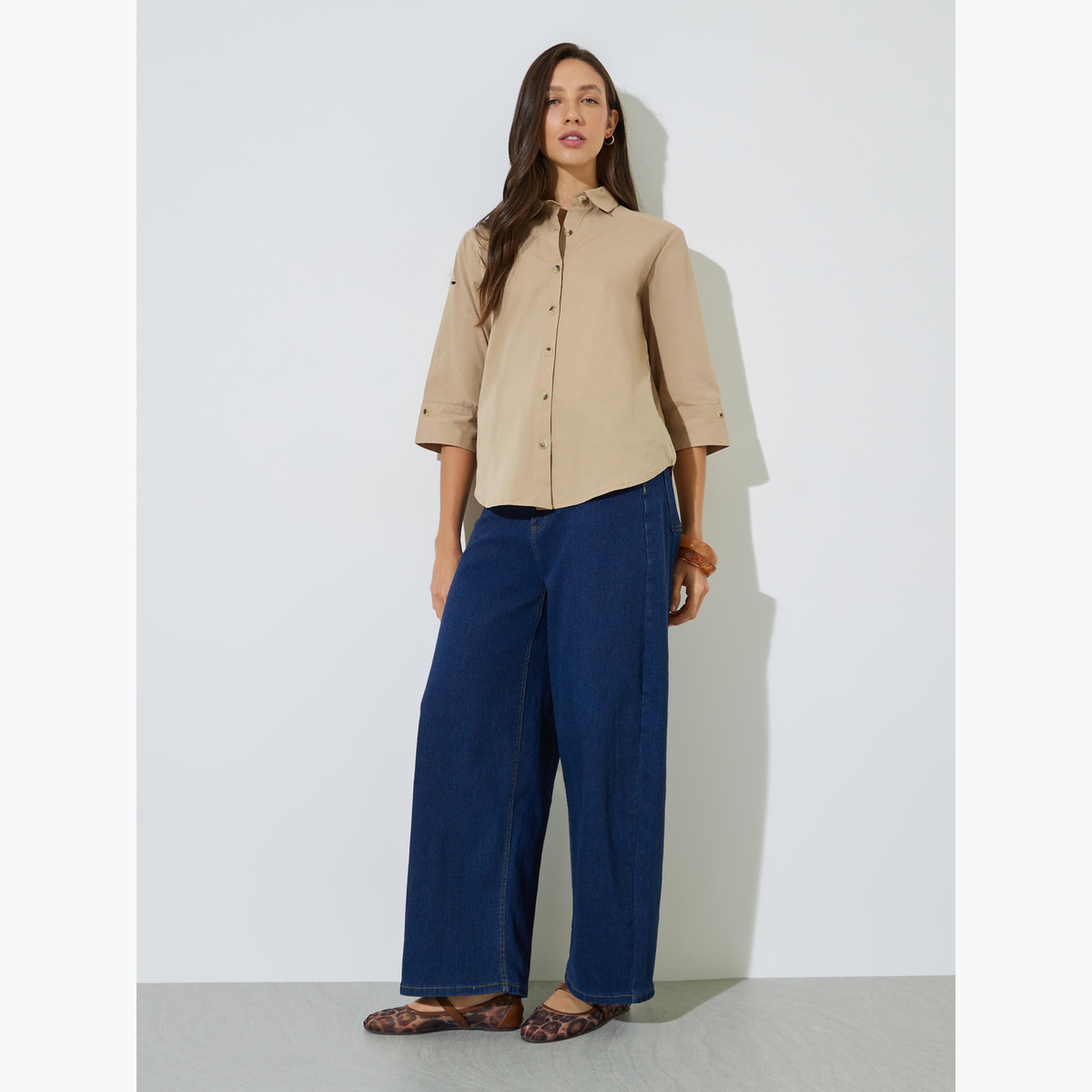 ستايلي - قميص بيج قطني بقصة مريحة-women-clothing-shirtsandblouses-shirts-image-2