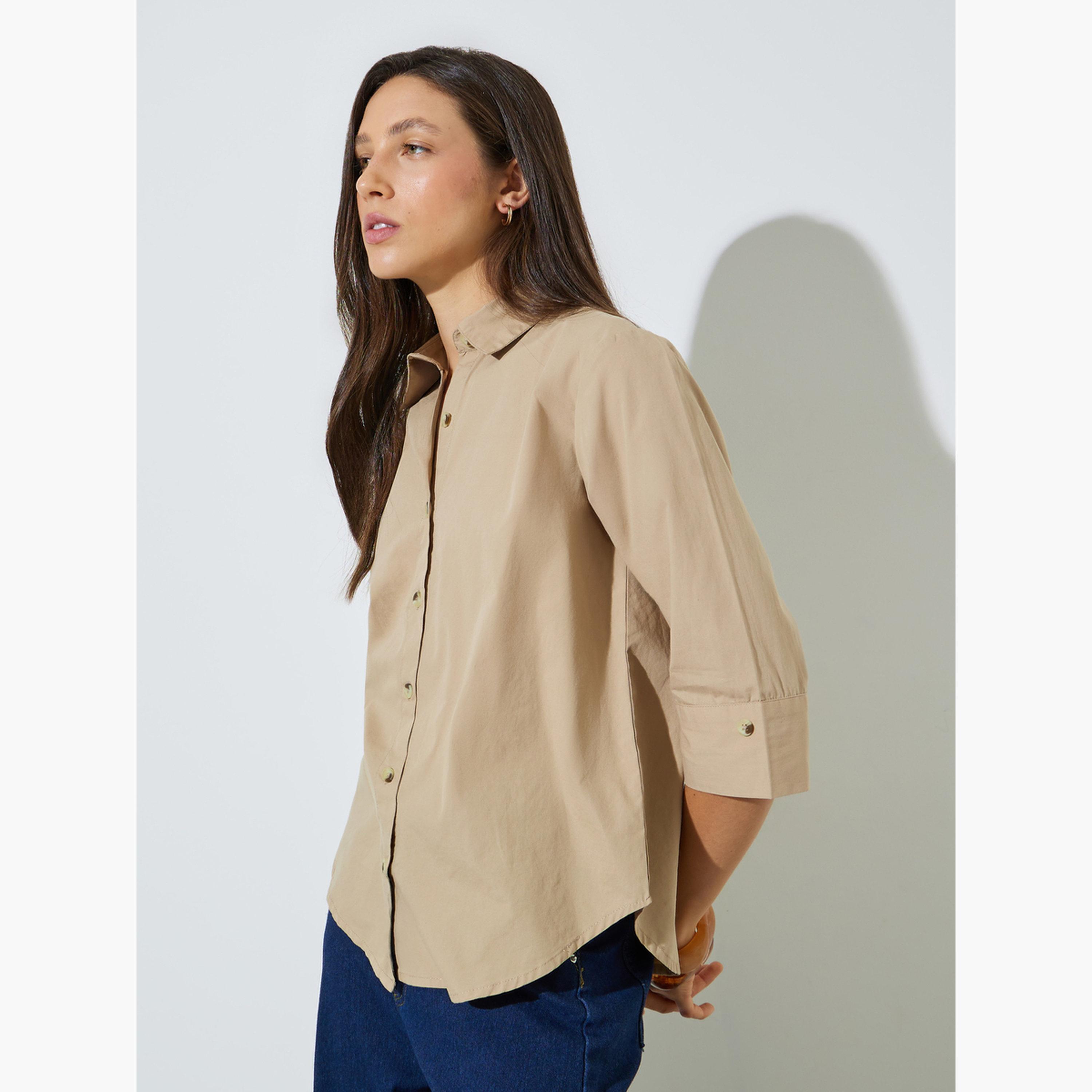 ستايلي - قميص بيج قطني بقصة مريحة-women-clothing-shirtsandblouses-shirts-image-3