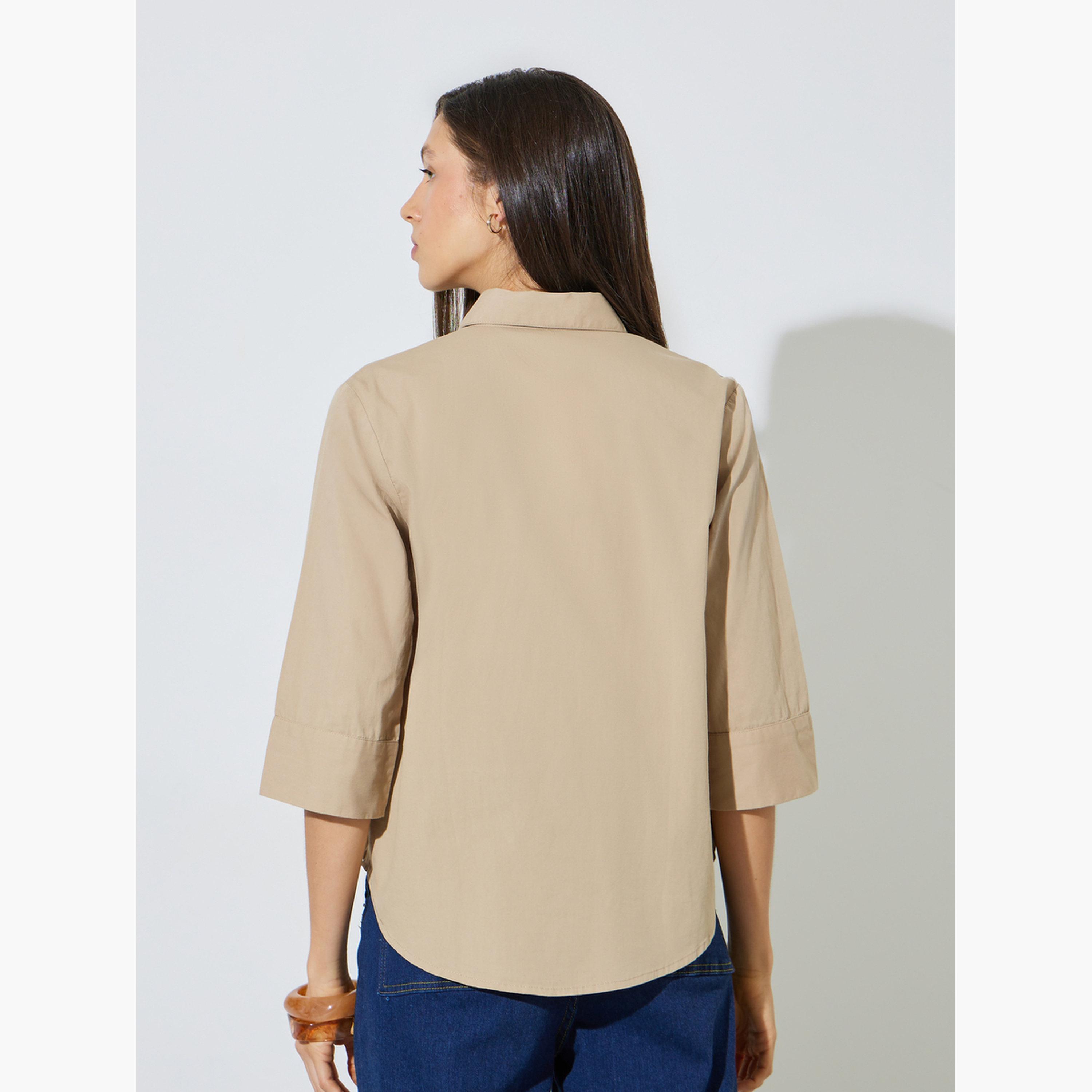 ستايلي - قميص بيج قطني بقصة مريحة-women-clothing-shirtsandblouses-shirts-image-4