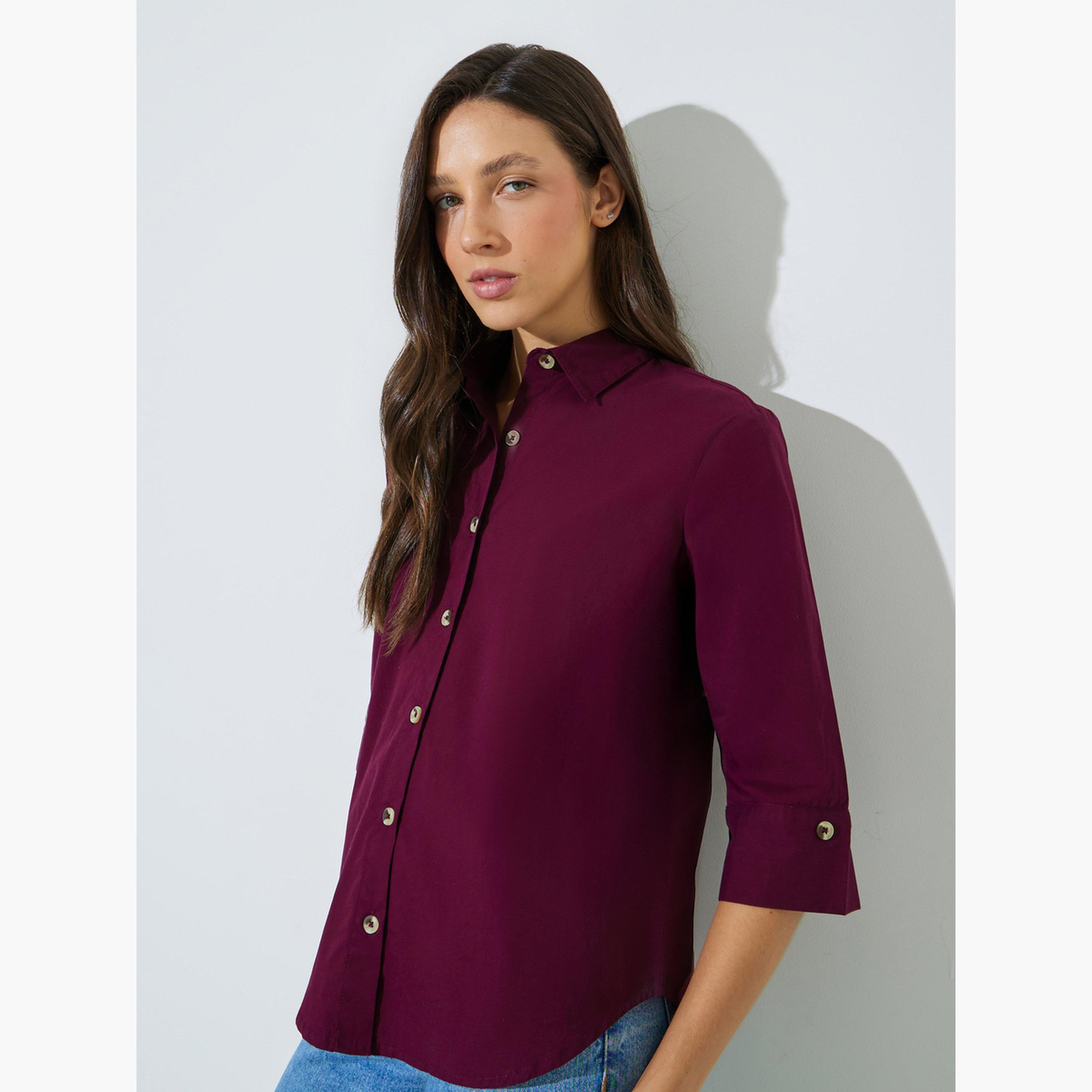 Styli Burgundy Cotton Relaxed Fit Shirt-women-clothing-shirtsandblouses-shirts-image-1