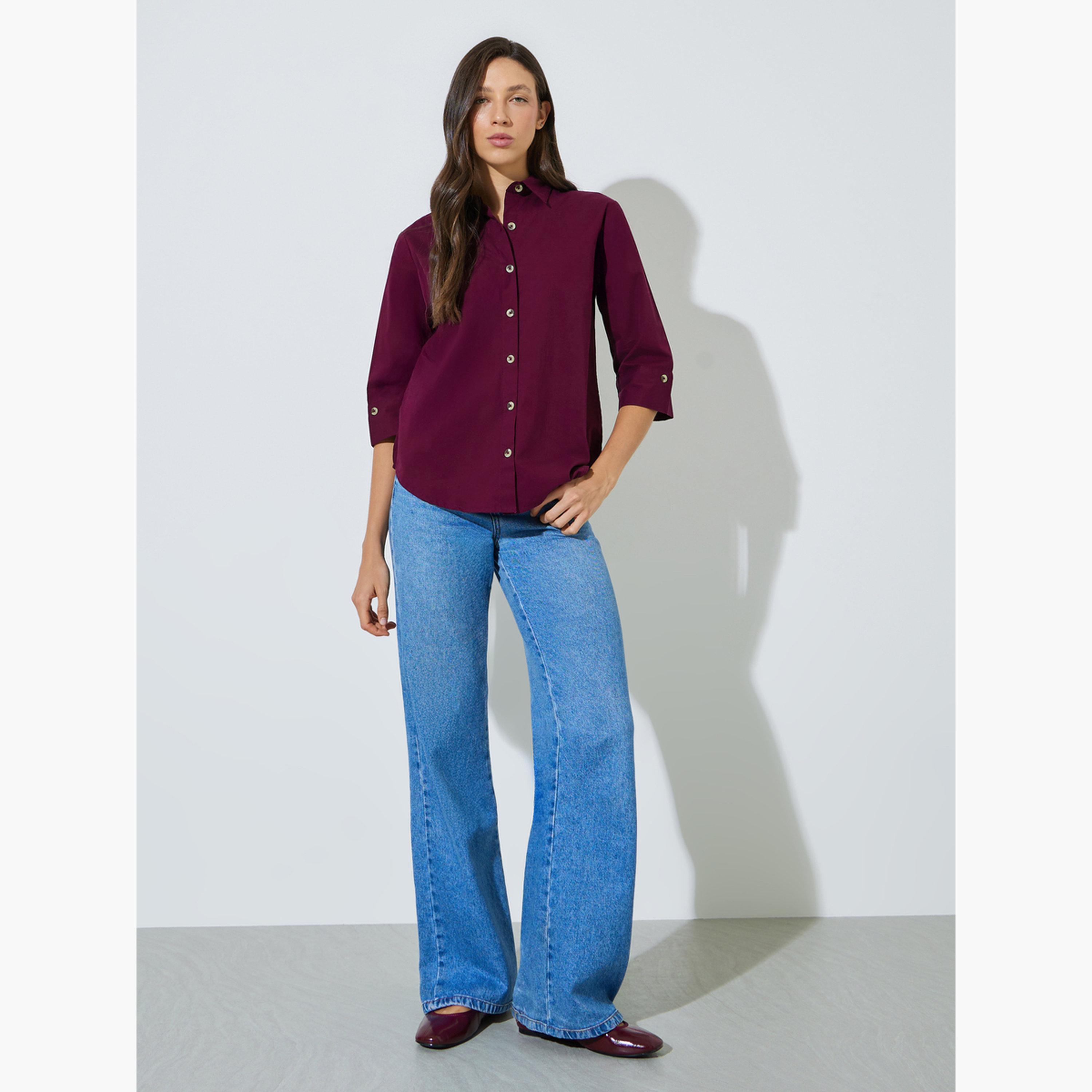 Styli Burgundy Cotton Relaxed Fit Shirt-women-clothing-shirtsandblouses-shirts-image-2