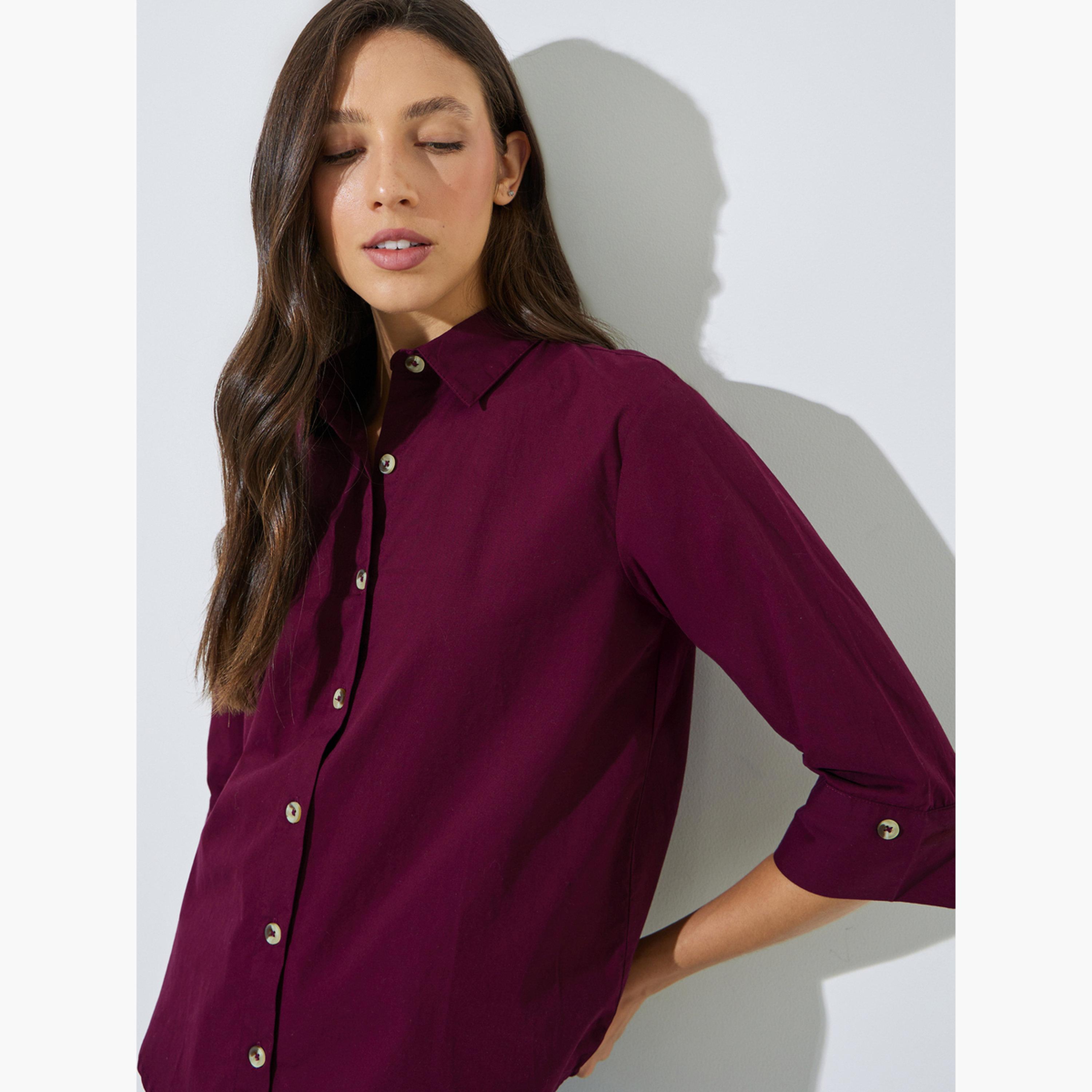 Styli Burgundy Cotton Relaxed Fit Shirt-women-clothing-shirtsandblouses-shirts-image-3