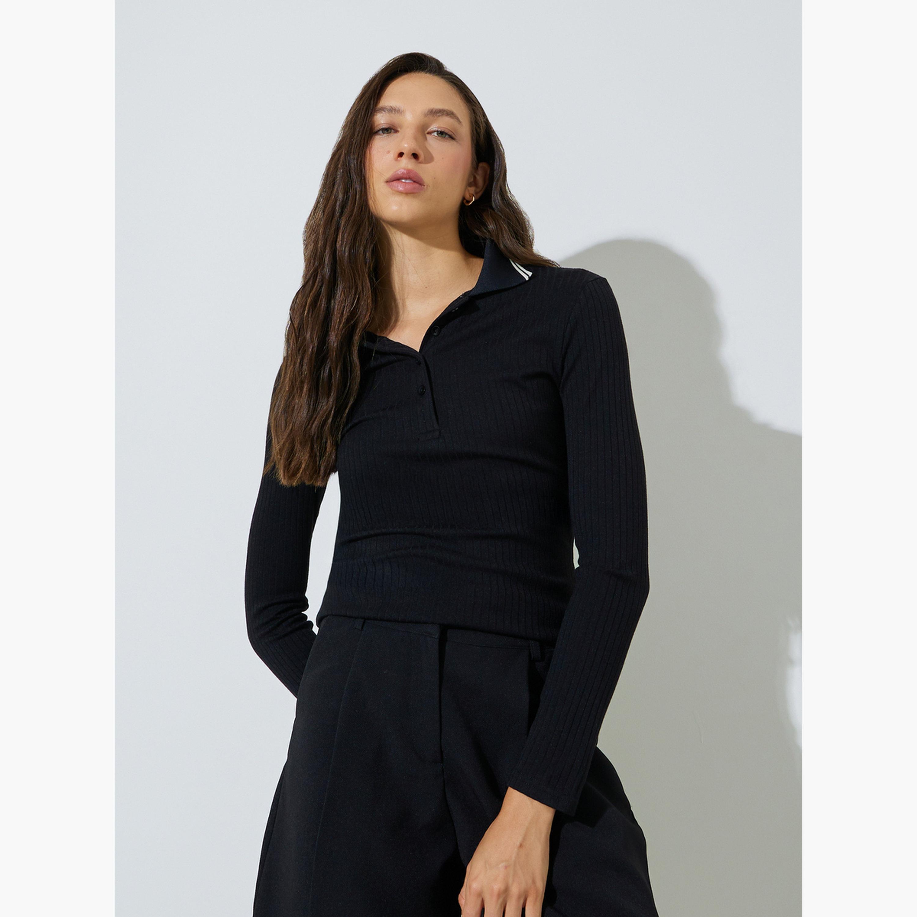 Styli Black Long Sleeve Ribbed Knit Polo Top-women-clothing-shirtsandblouses-blouses-image-1