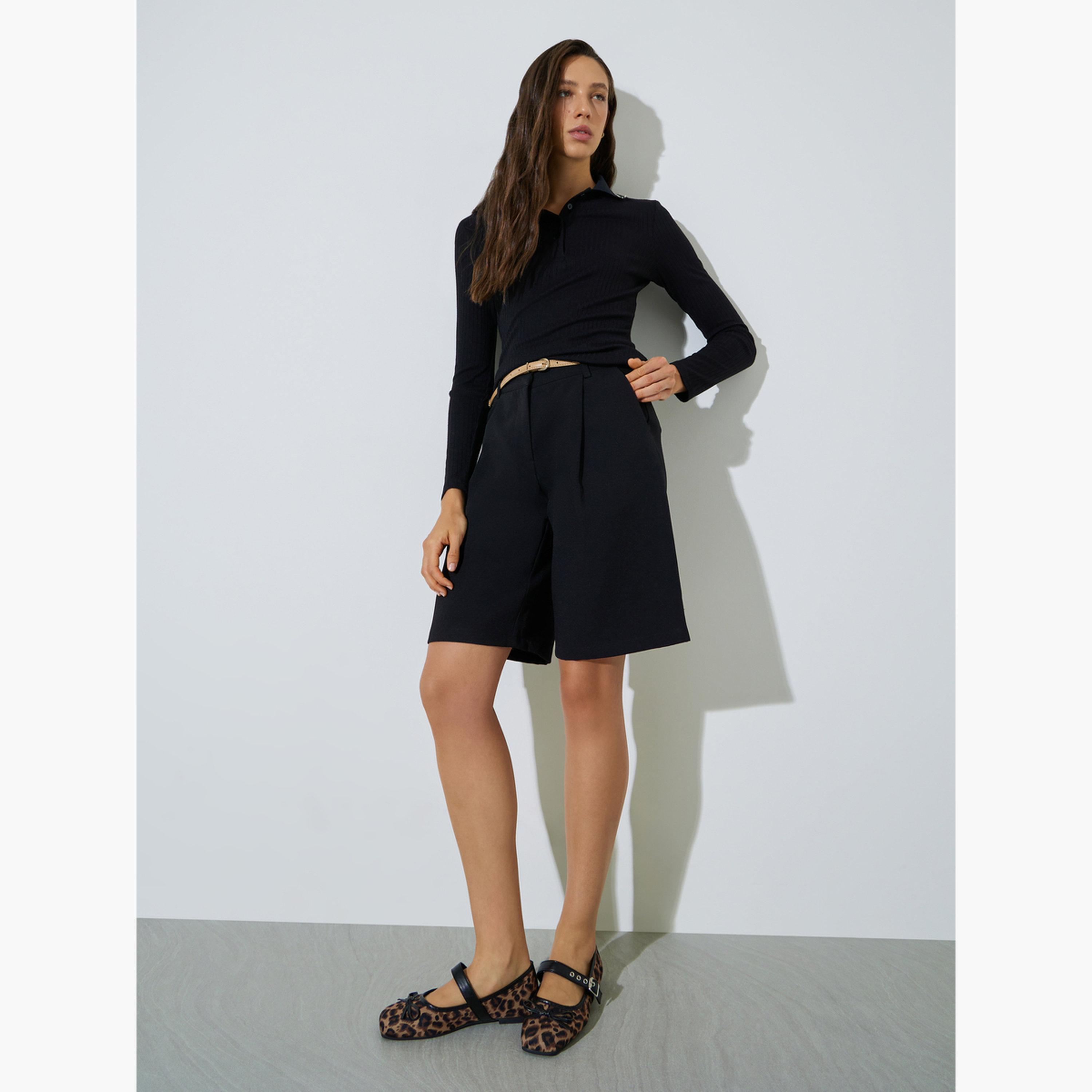Styli Black Long Sleeve Ribbed Knit Polo Top-women-clothing-shirtsandblouses-blouses-image-2