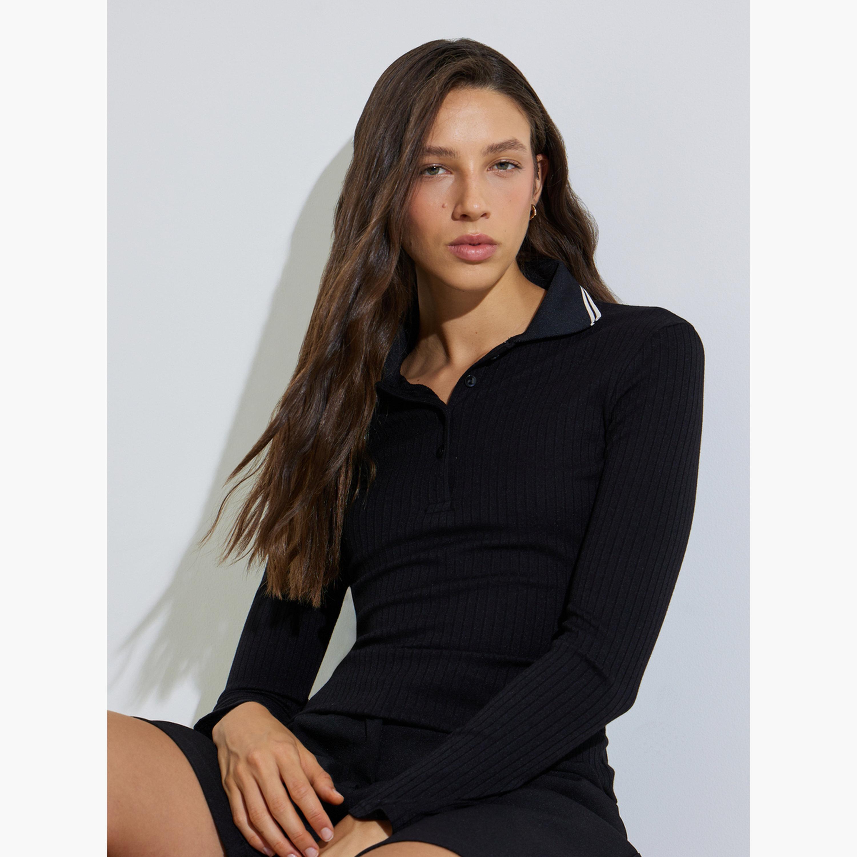 Styli Black Long Sleeve Ribbed Knit Polo Top-women-clothing-shirtsandblouses-blouses-image-3