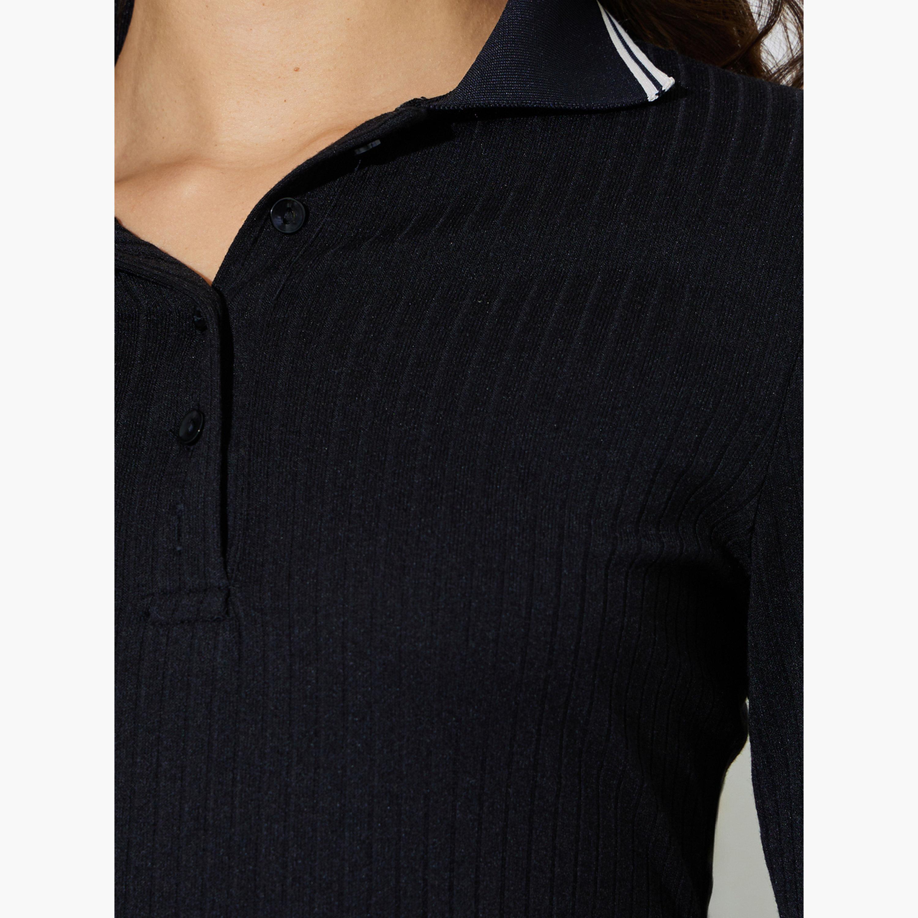 Styli Black Long Sleeve Ribbed Knit Polo Top-women-clothing-shirtsandblouses-blouses-image-5
