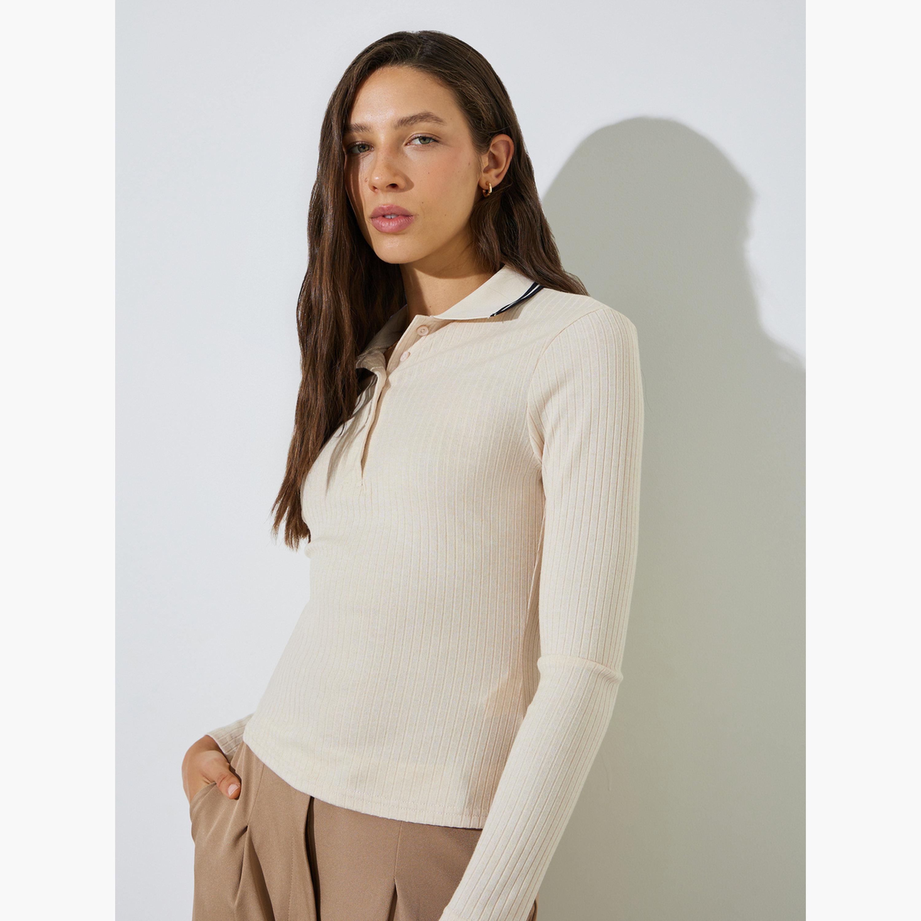 Styli Off-White Long Sleeve Ribbed Knit Polo Top-women-clothing-shirtsandblouses-blouses-image-3
