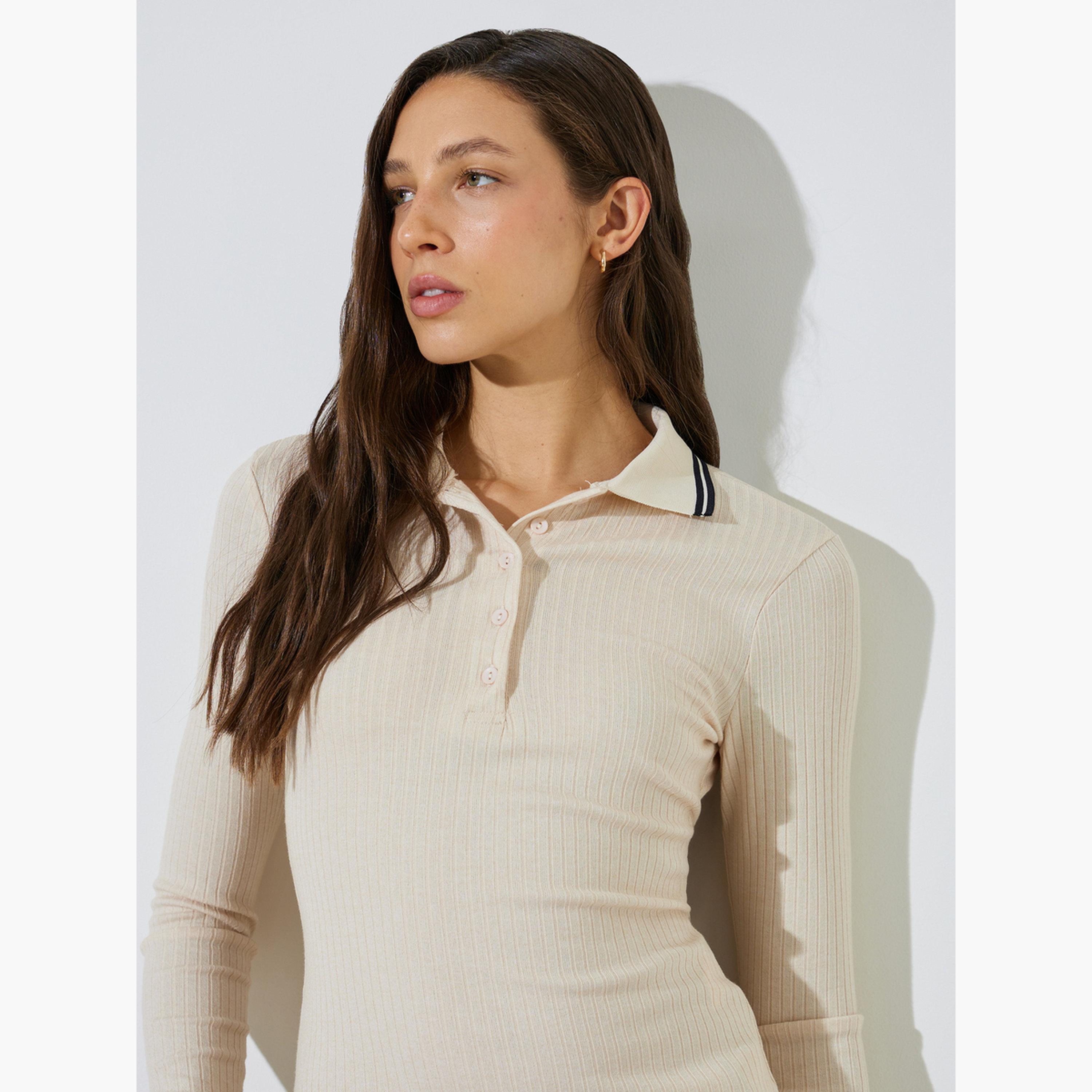 Styli Off-White Long Sleeve Ribbed Knit Polo Top-women-clothing-shirtsandblouses-blouses-image-4