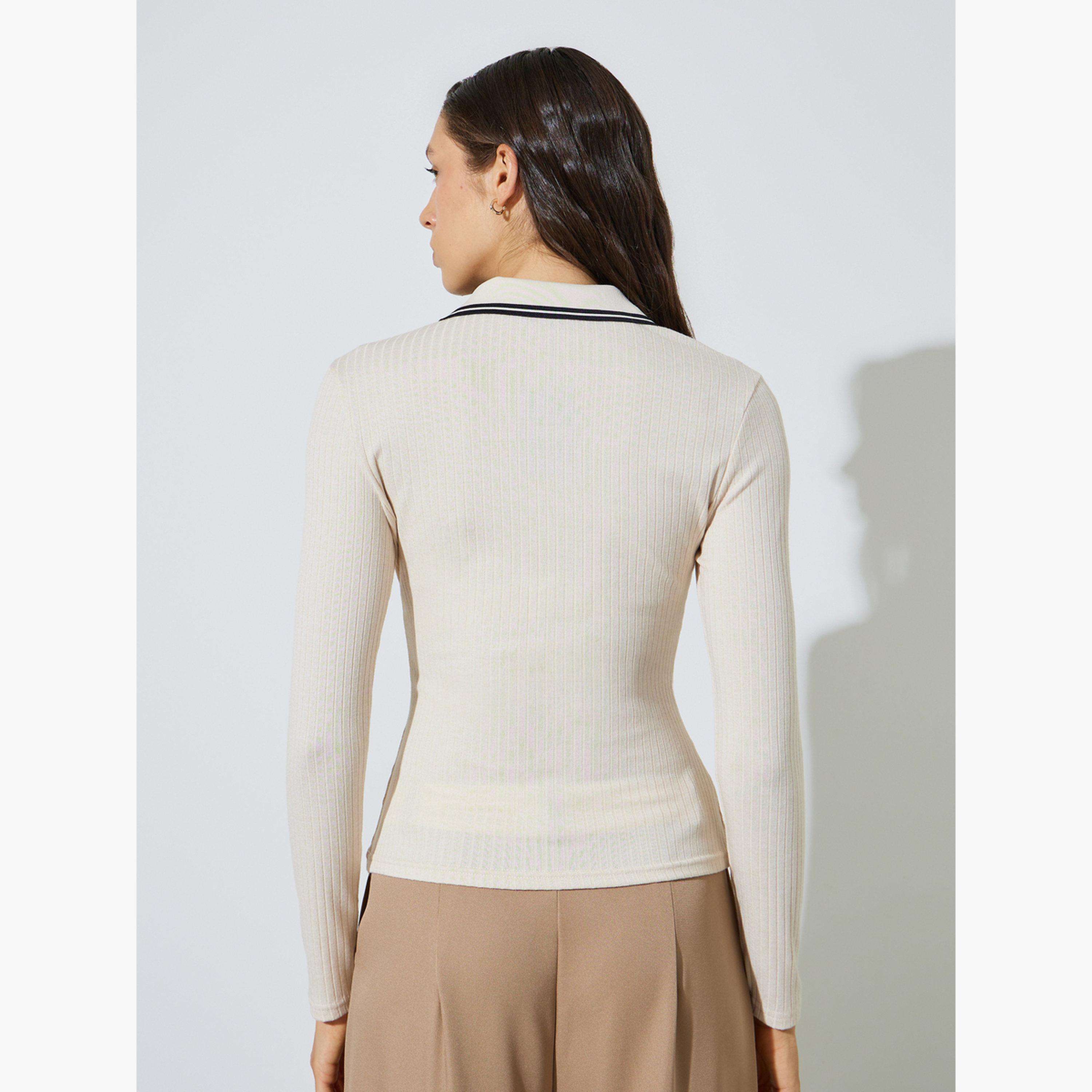 Styli Off-White Long Sleeve Ribbed Knit Polo Top-women-clothing-shirtsandblouses-blouses-image-5