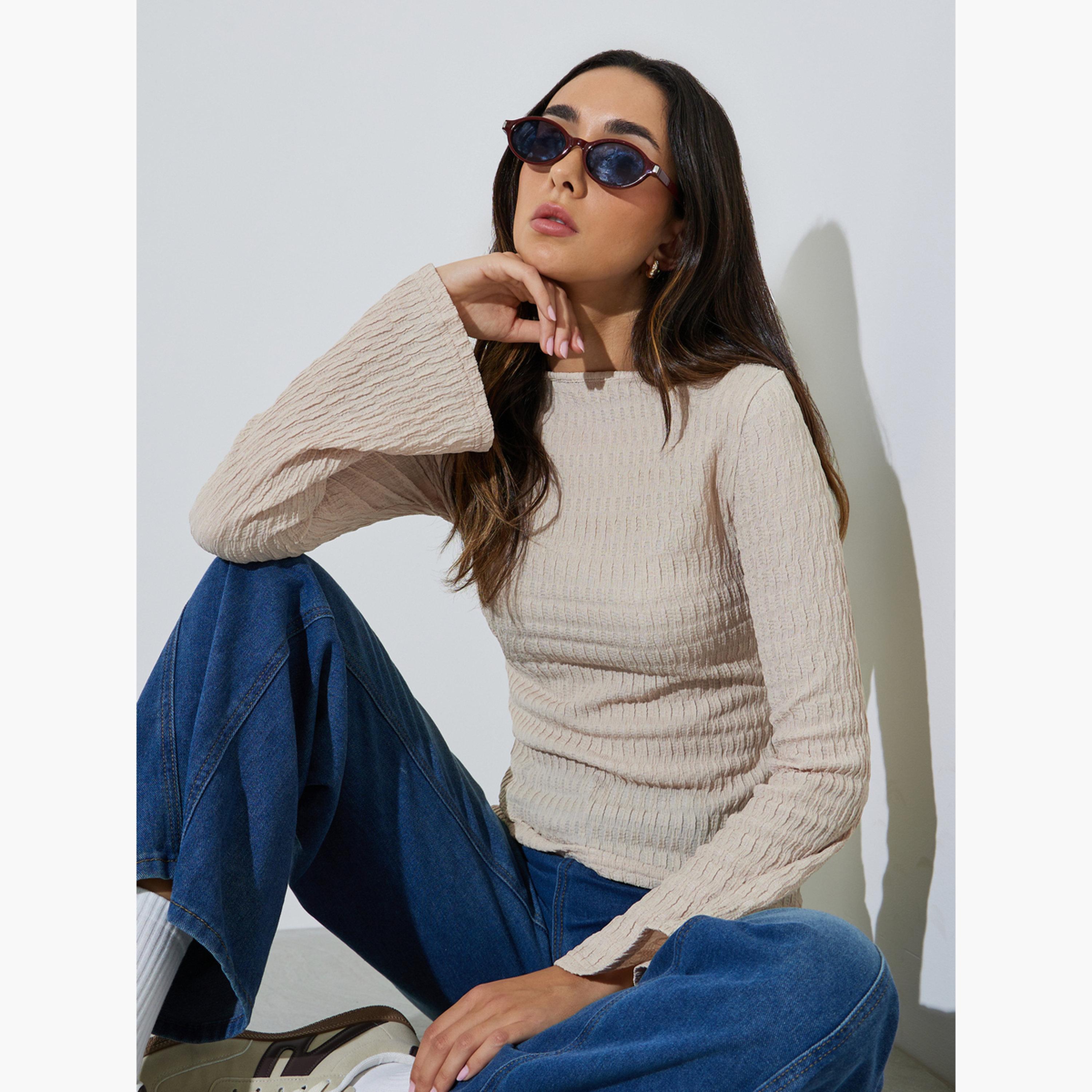 Styli Beige Textured Boat Neck Fitted Top-women-clothing-shirtsandblouses-blouses-image-3