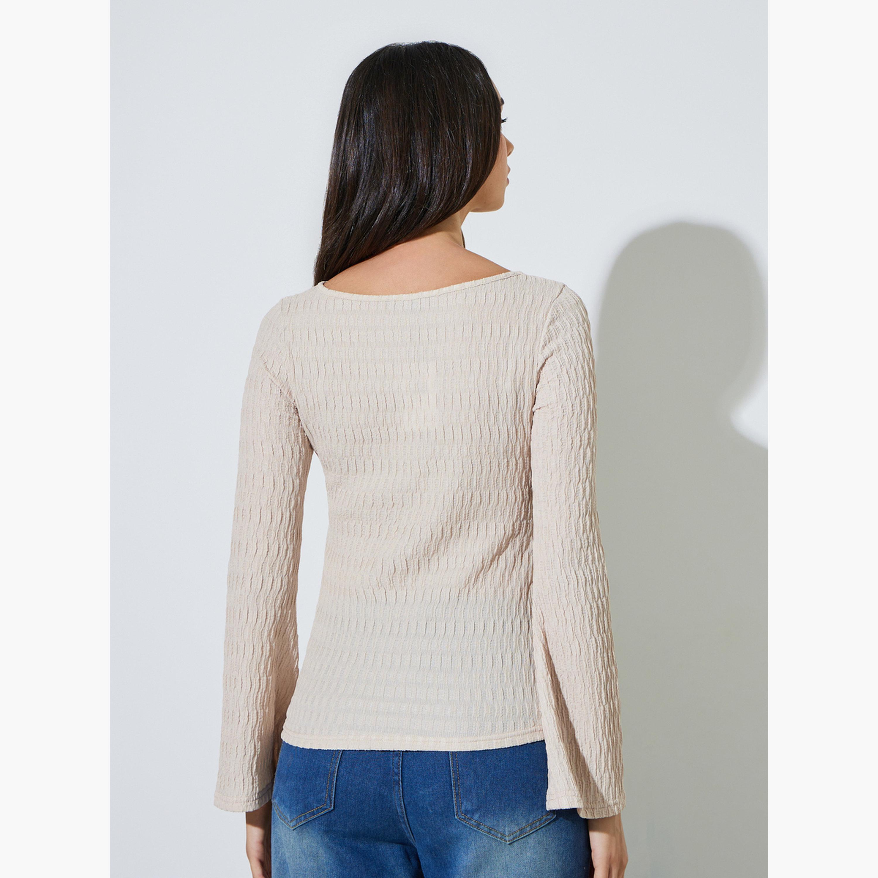 Styli Beige Textured Boat Neck Fitted Top-women-clothing-shirtsandblouses-blouses-image-4