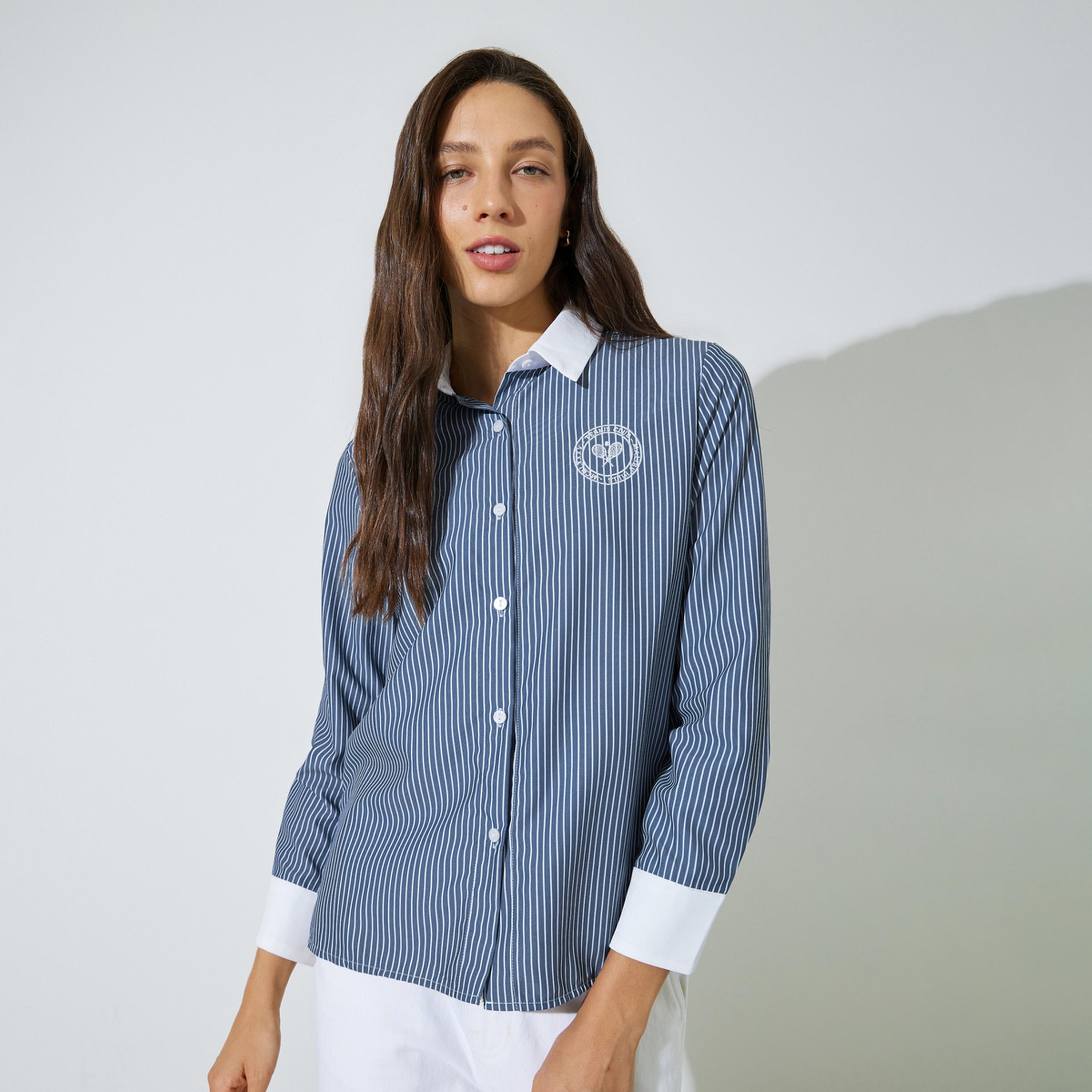 Styli Navy Blue Striped Long Sleeve Shirt-women-clothing-shirtsandblouses-shirts-image-1