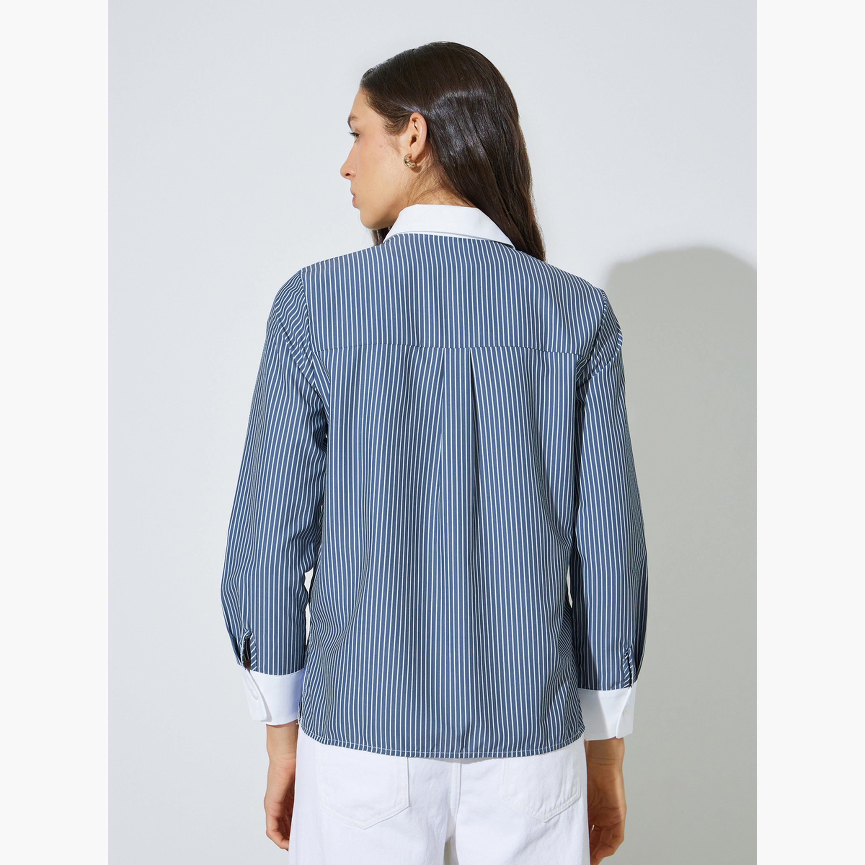 Styli Navy Blue Striped Long Sleeve Shirt-women-clothing-shirtsandblouses-shirts-image-3