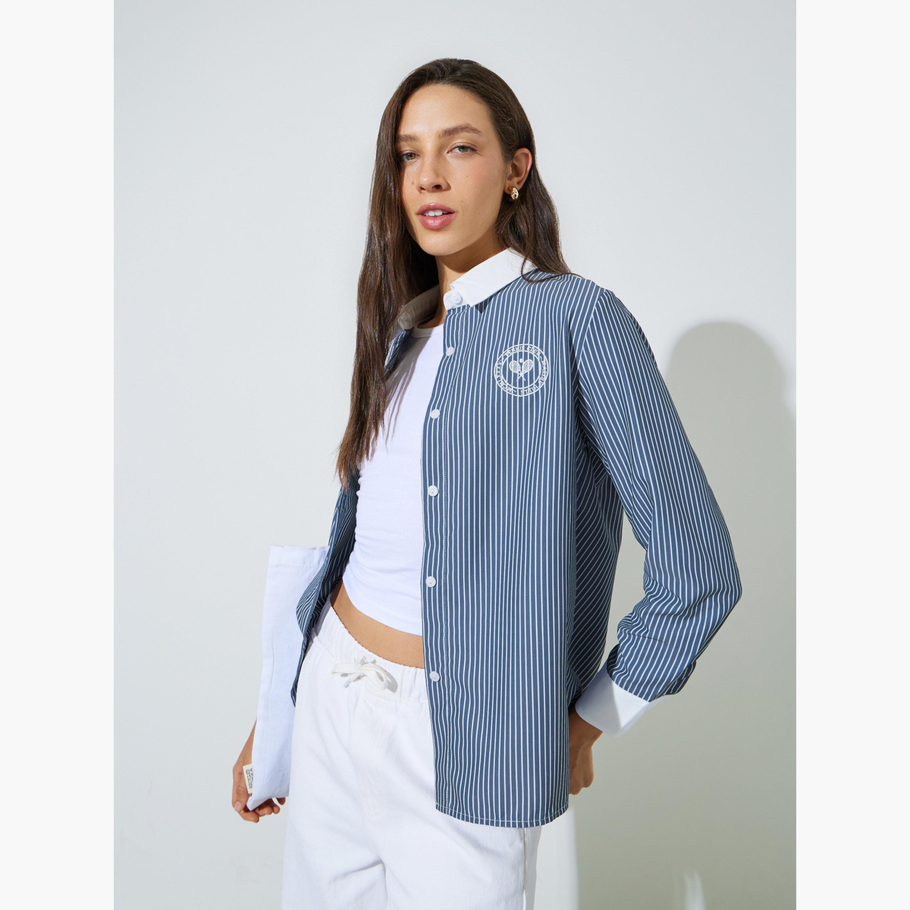 Styli Navy Blue Striped Long Sleeve Shirt-women-clothing-shirtsandblouses-shirts-image-4