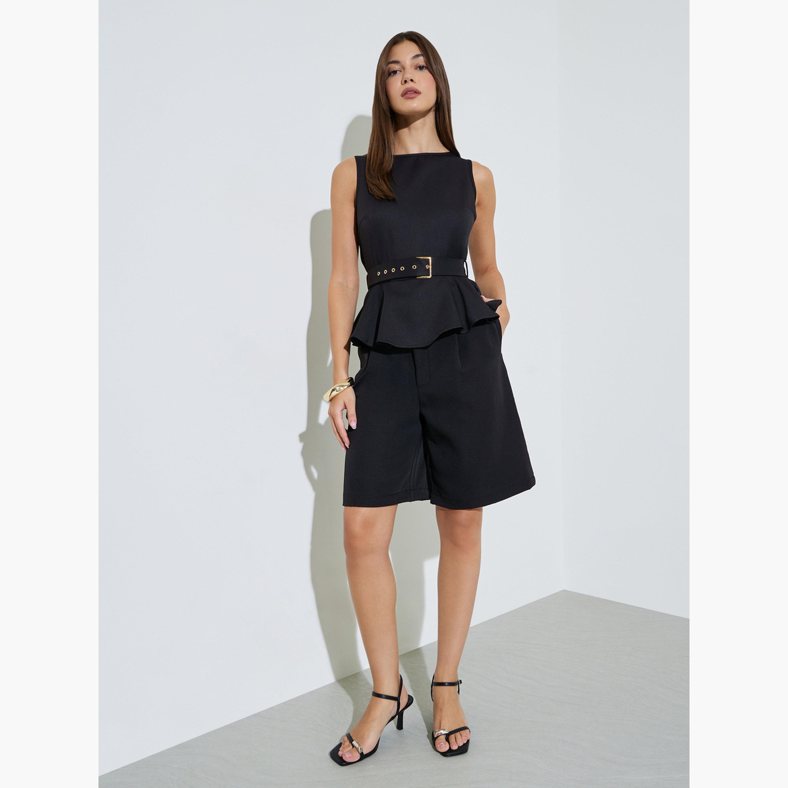 Styli Black Sleeveless Belted Peplum Top-women-clothing-shirtsandblouses-blouses-image-2