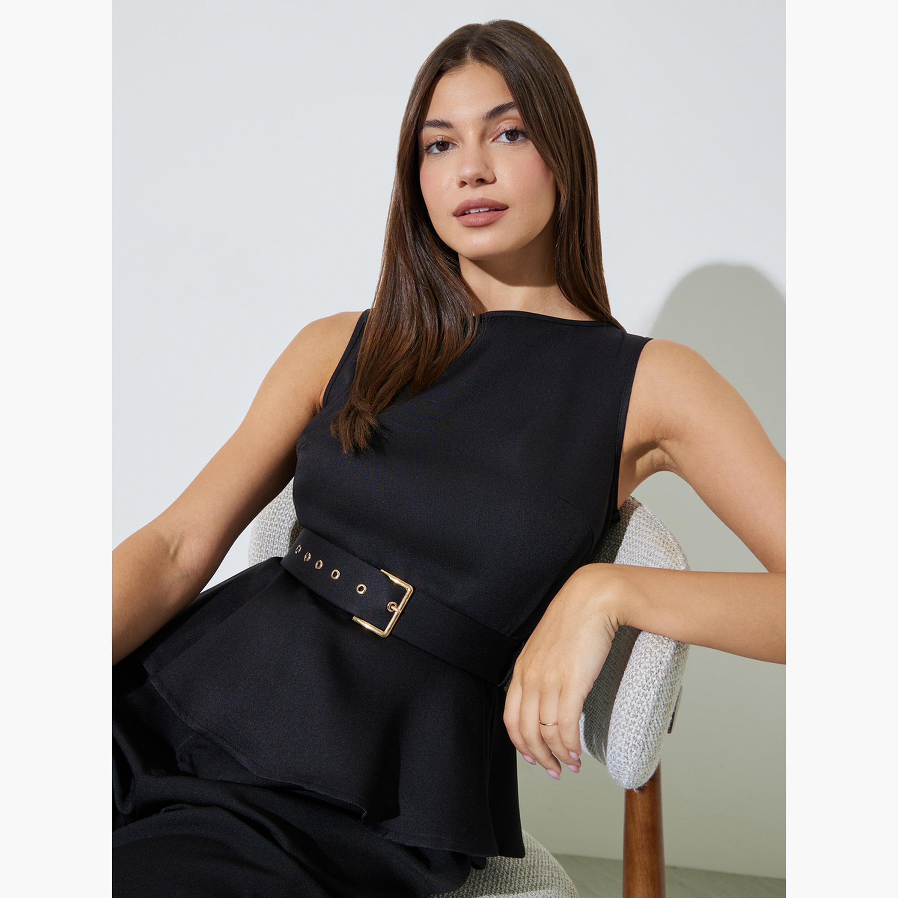 Styli Black Sleeveless Belted Peplum Top-women-clothing-shirtsandblouses-blouses-image-3
