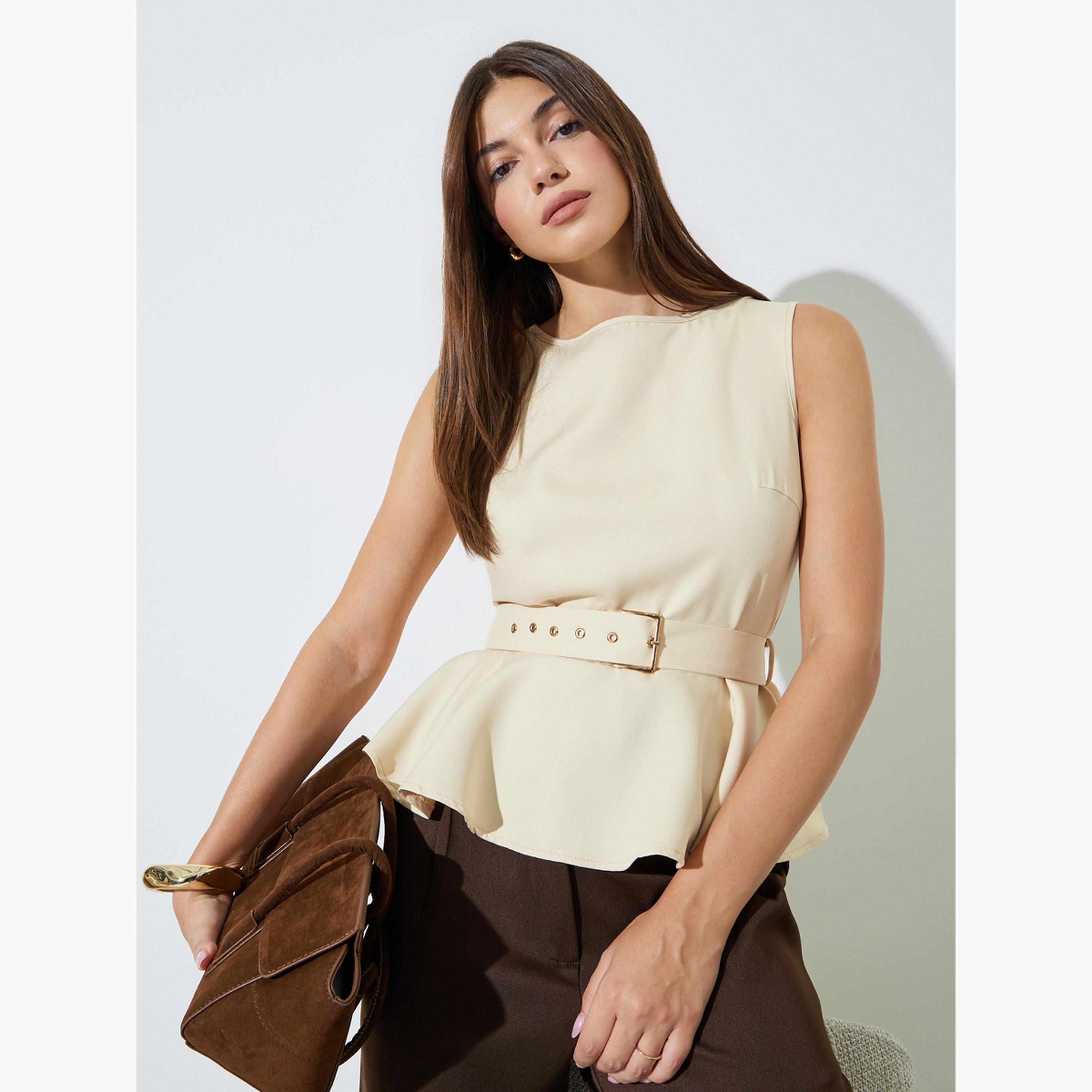 Styli Butter Yellow Sleeveless Belted Peplum Top-women-clothing-shirtsandblouses-blouses-image-1
