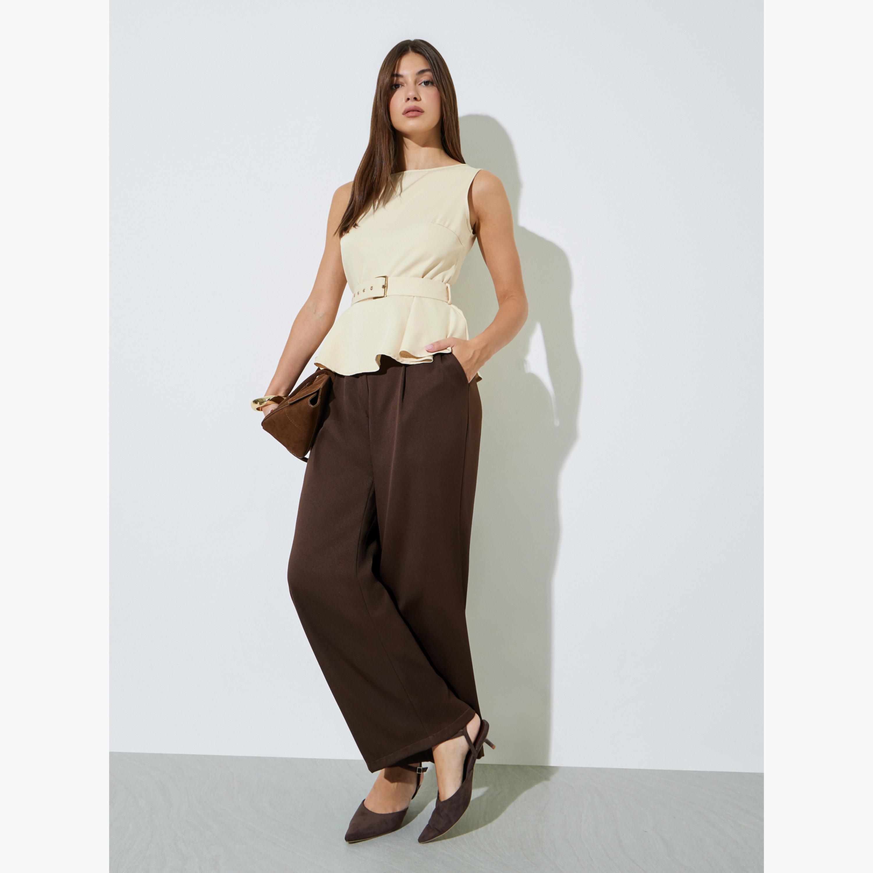 Styli Butter Yellow Sleeveless Belted Peplum Top-women-clothing-shirtsandblouses-blouses-image-2