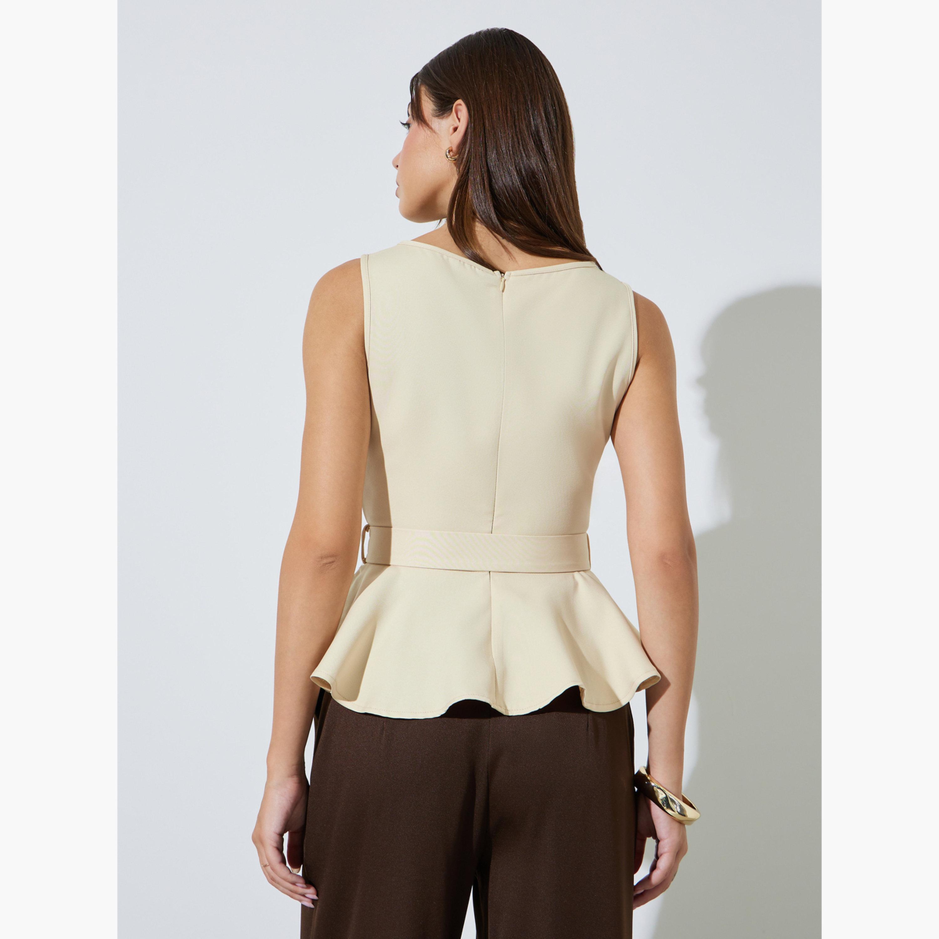 Styli Butter Yellow Sleeveless Belted Peplum Top-women-clothing-shirtsandblouses-blouses-image-3