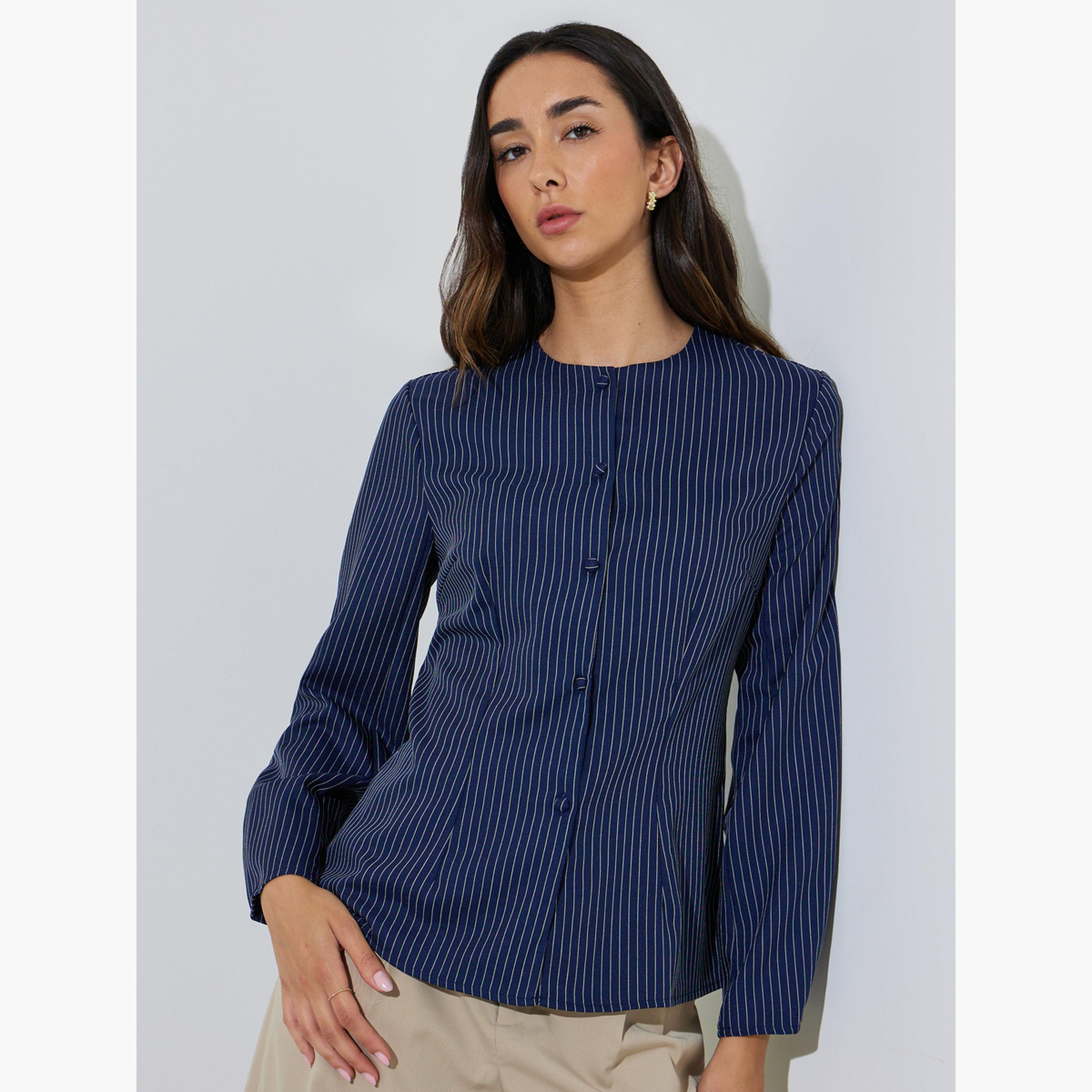 Styli Blue Striped Long Sleeve Blouse-women-clothing-shirtsandblouses-blouses-image-1