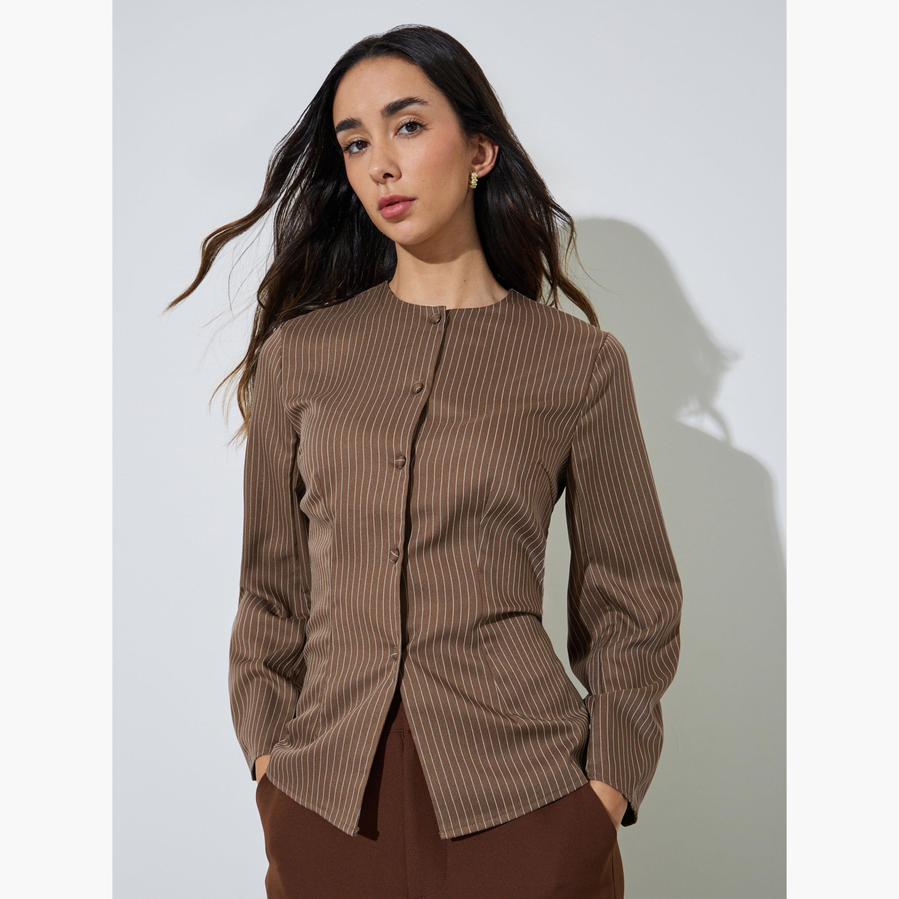 Styli Brown Striped Long Sleeve Blouse-women-clothing-shirtsandblouses-blouses-image-1