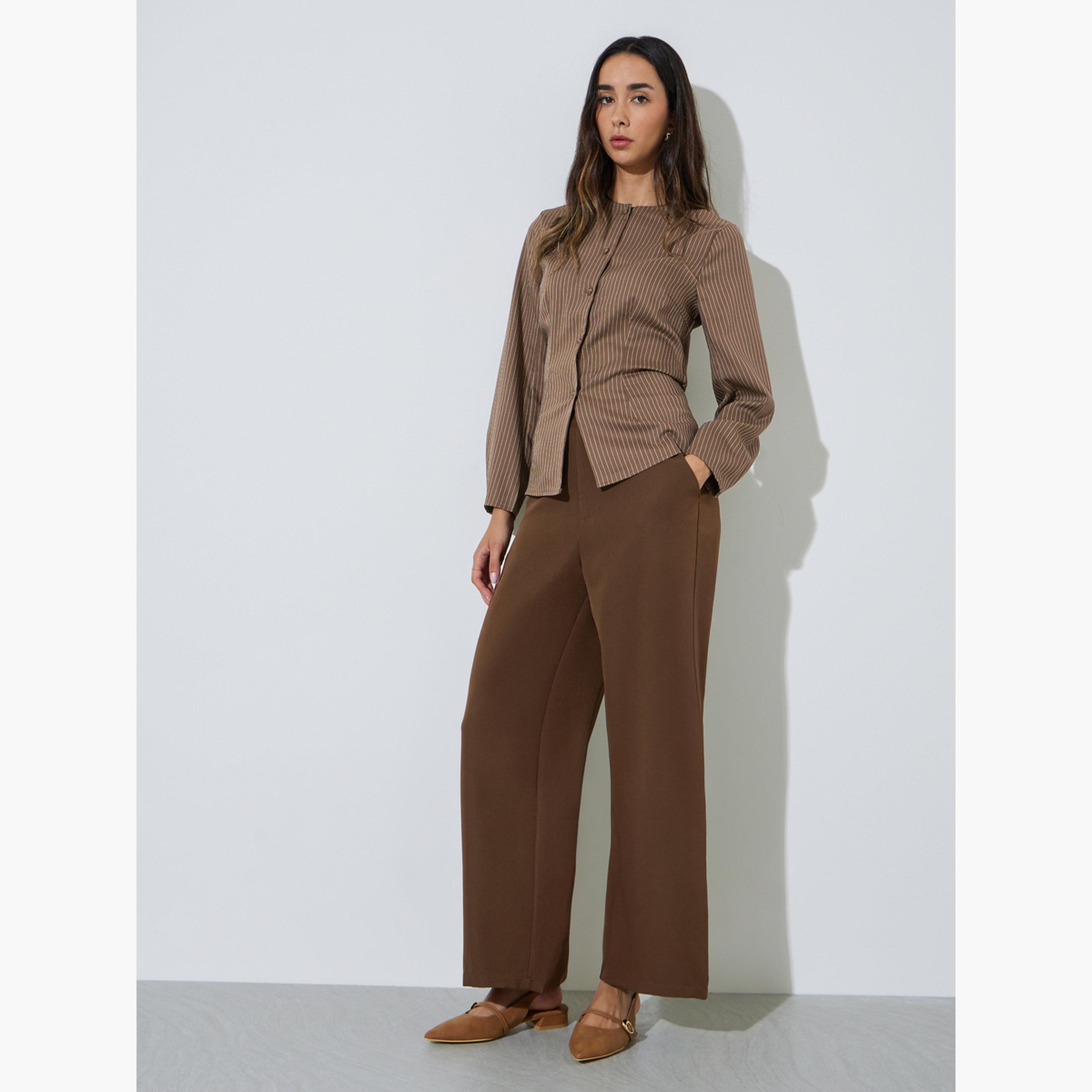 Styli Brown Striped Long Sleeve Blouse-women-clothing-shirtsandblouses-blouses-image-2