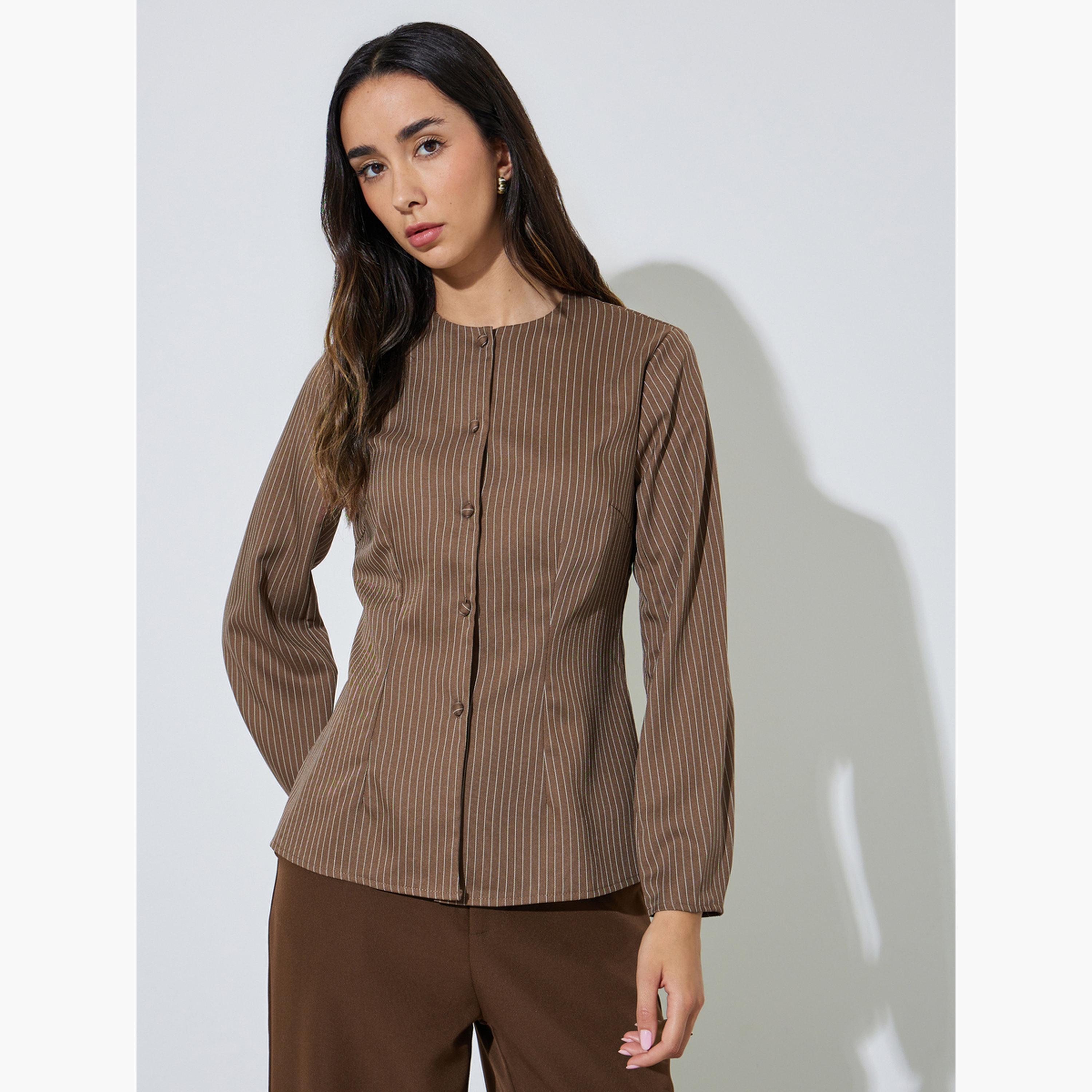 Styli Brown Striped Long Sleeve Blouse-women-clothing-shirtsandblouses-blouses-image-3