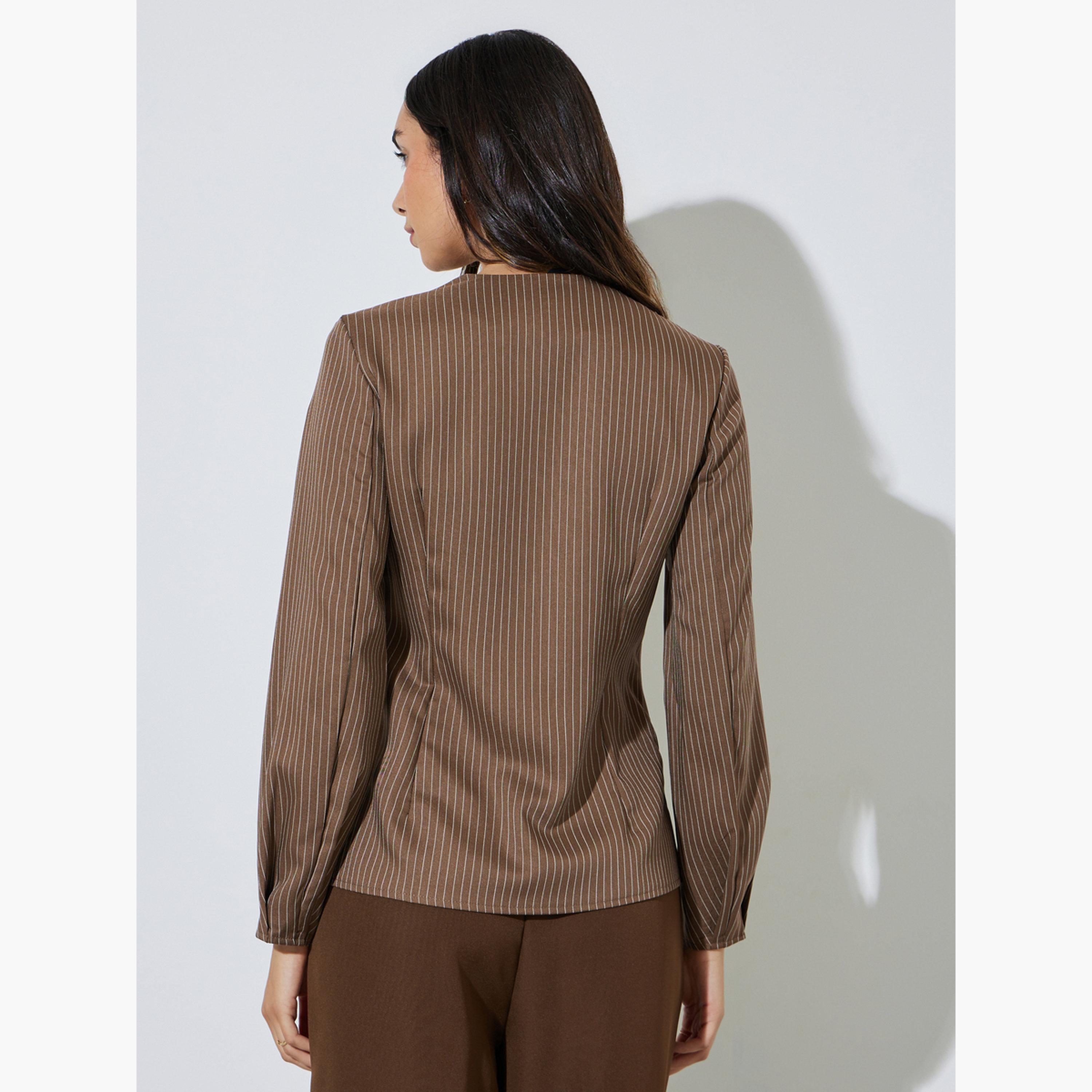 Styli Brown Striped Long Sleeve Blouse-women-clothing-shirtsandblouses-blouses-image-4