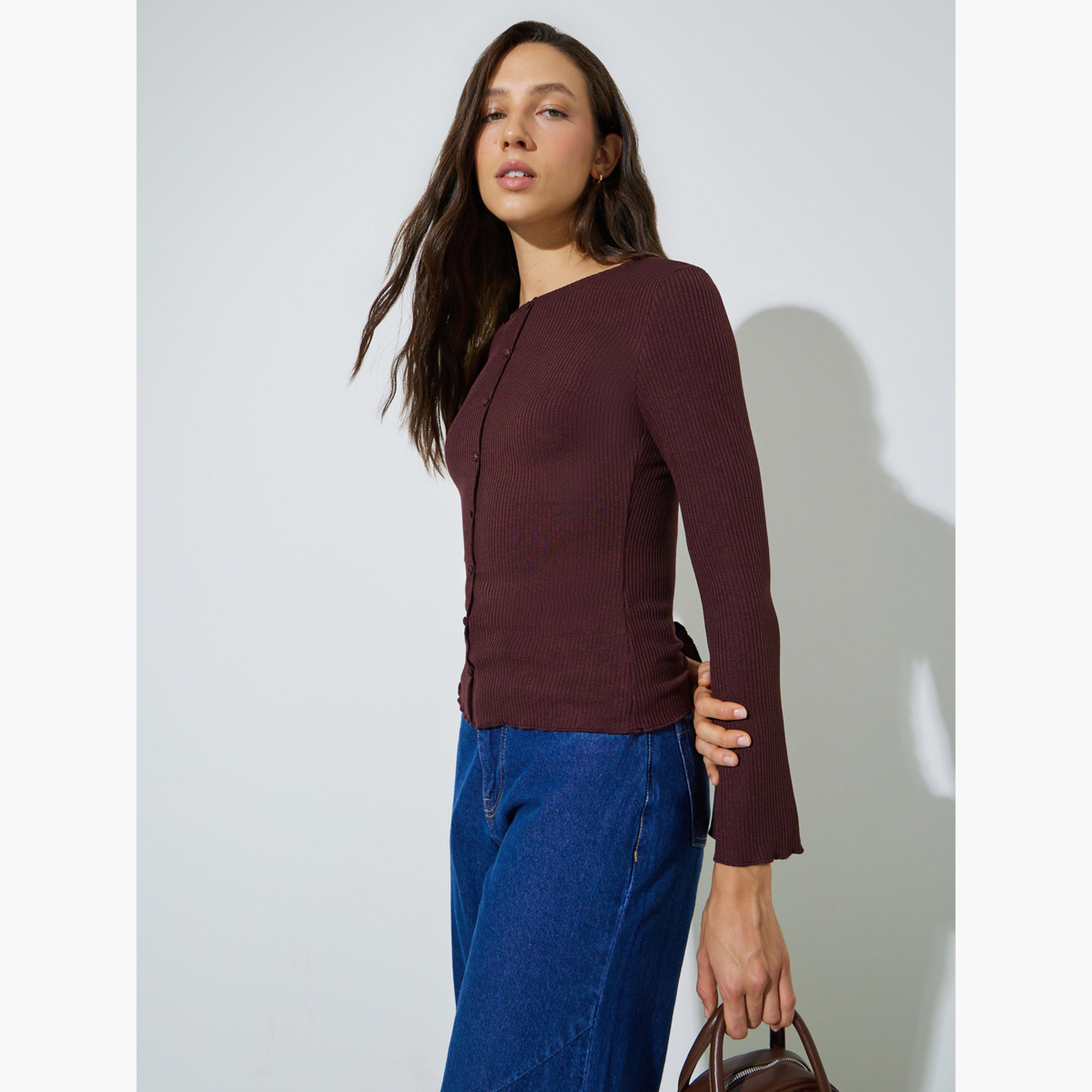 Styli Burgundy Fitted Knit Top with Flared Sleeves-women-clothing-shirtsandblouses-blouses-image-1