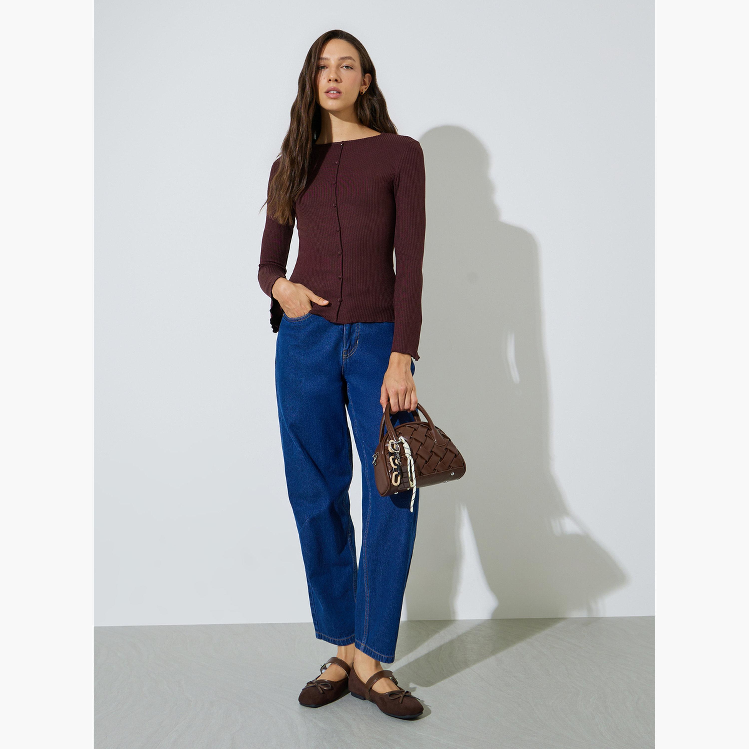 ستايلي - بلوزة محبوكة ضيقة بلون بورغندي بأكمام واسعة-women-clothing-shirtsandblouses-blouses-image-2
