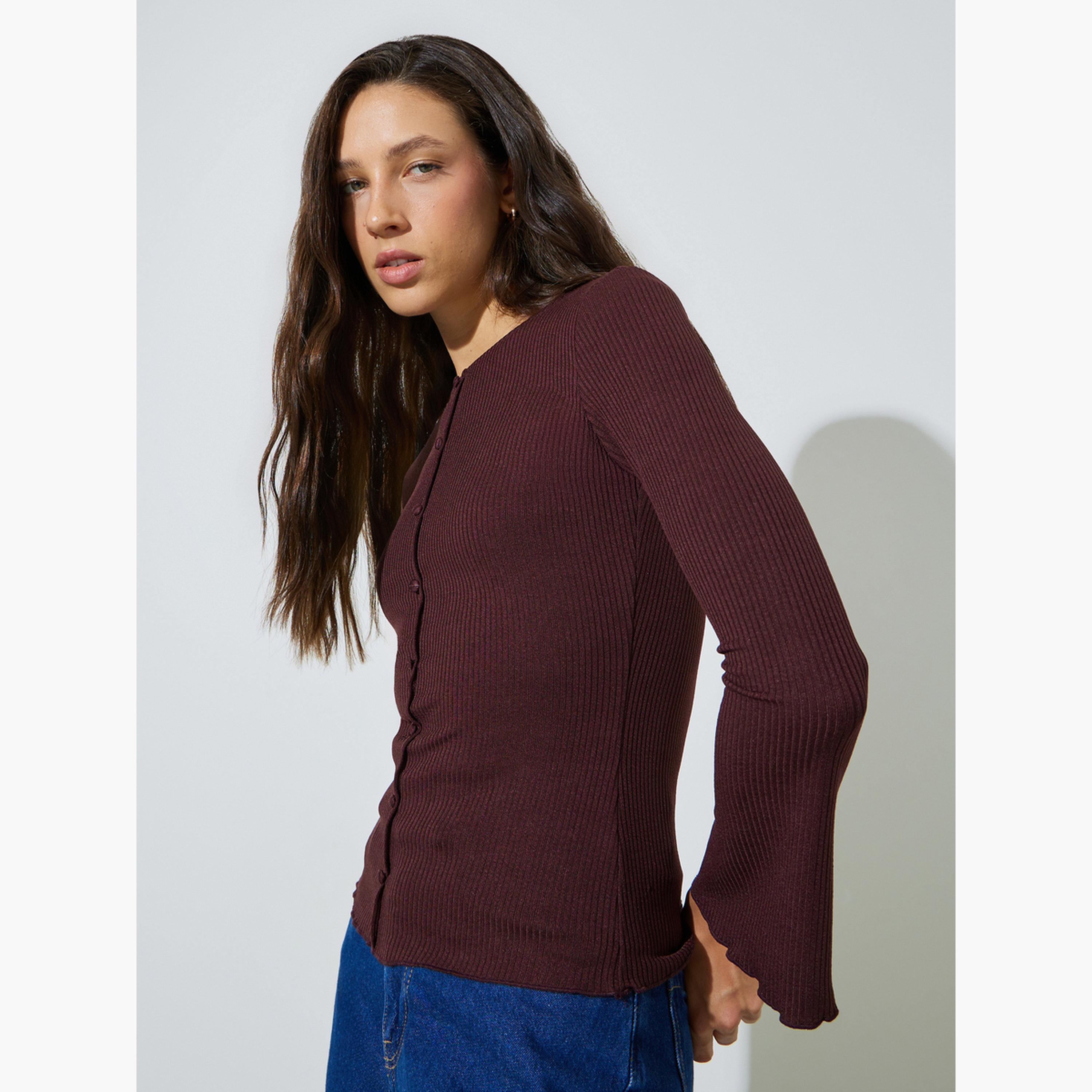 ستايلي - بلوزة محبوكة ضيقة بلون بورغندي بأكمام واسعة-women-clothing-shirtsandblouses-blouses-image-3