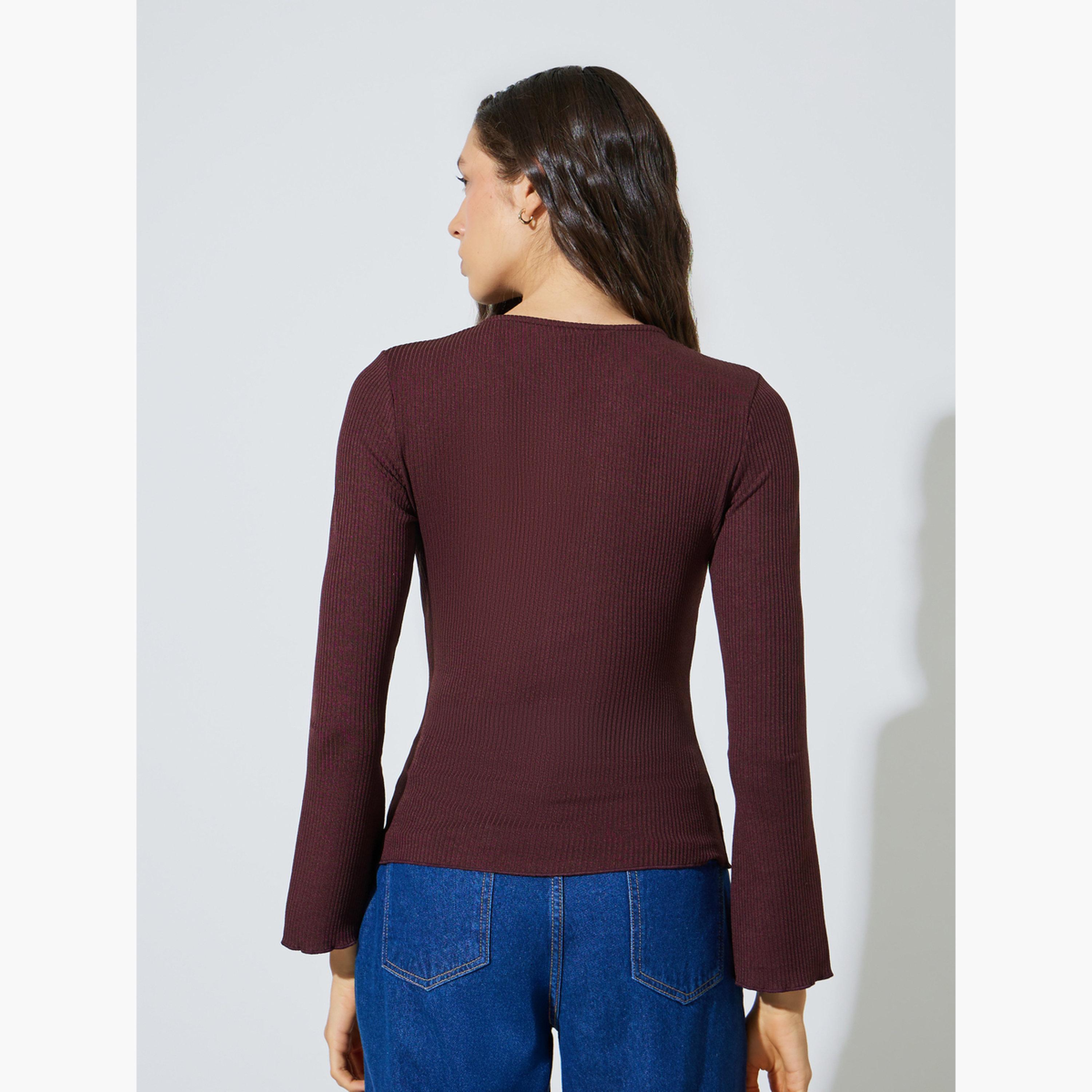 ستايلي - بلوزة محبوكة ضيقة بلون بورغندي بأكمام واسعة-women-clothing-shirtsandblouses-blouses-image-4
