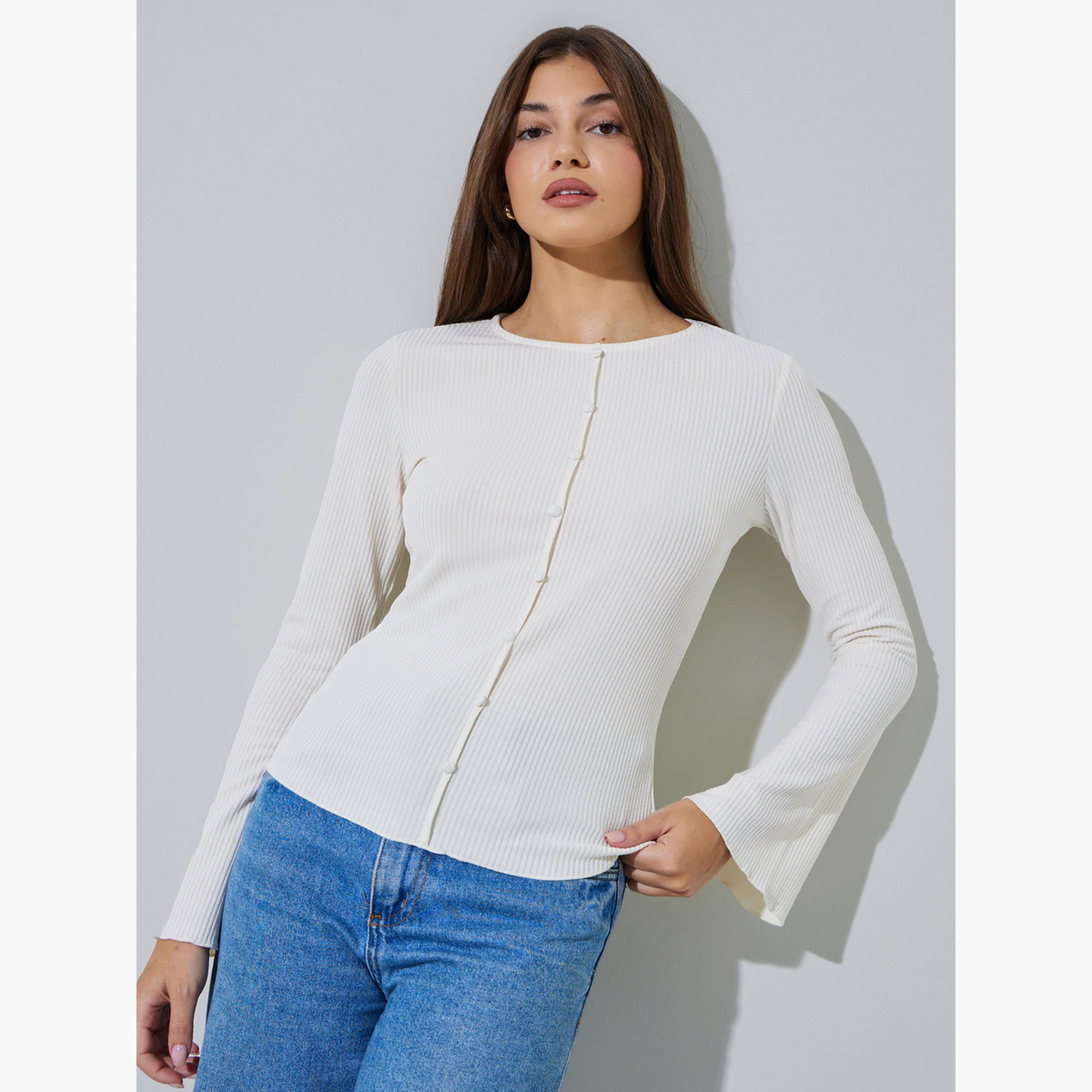 ستايلي - بلوزة محبوكة ضيقة بلون كريمي بأكمام واسعة-women-clothing-shirtsandblouses-blouses-image-1