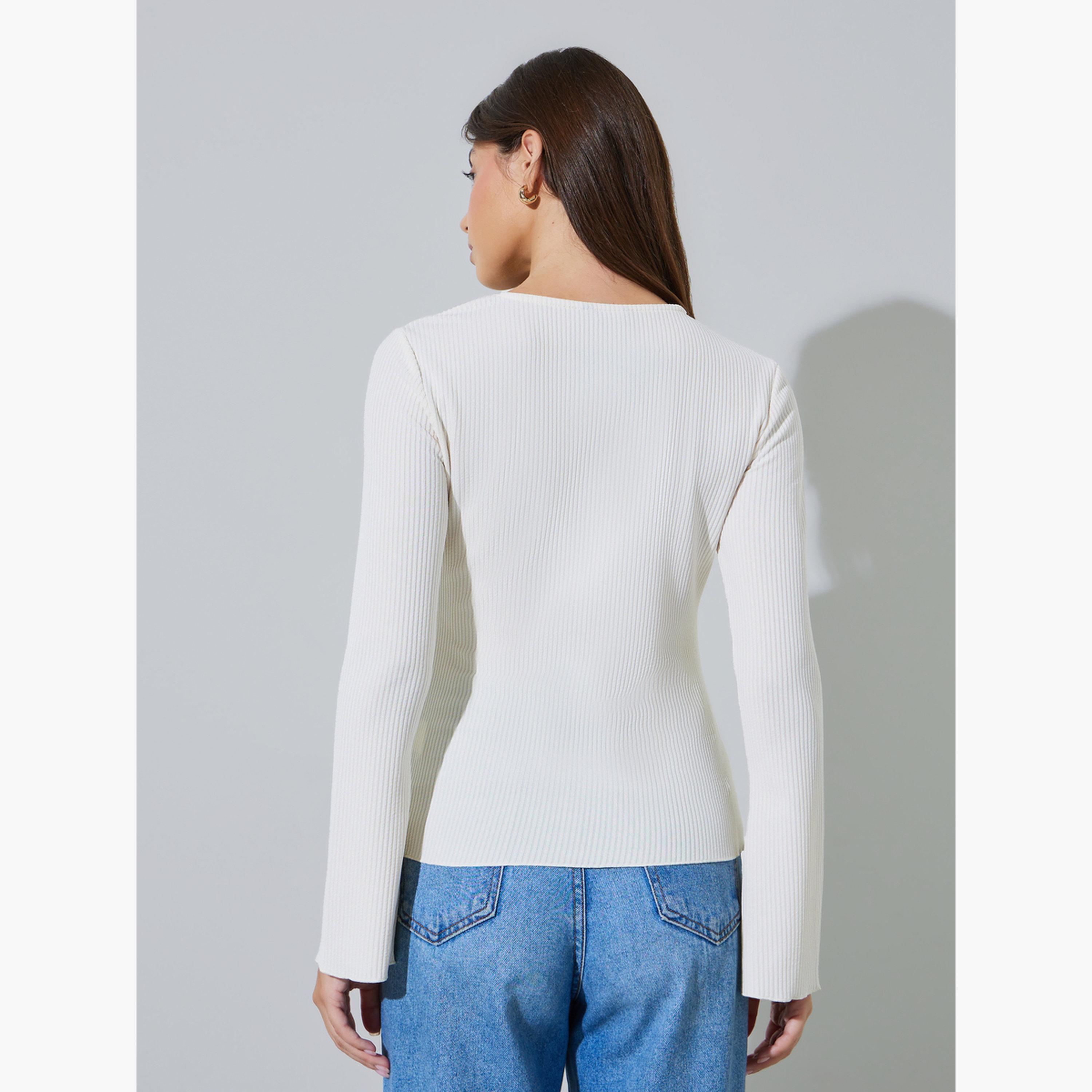 ستايلي - بلوزة محبوكة ضيقة بلون كريمي بأكمام واسعة-women-clothing-shirtsandblouses-blouses-image-3