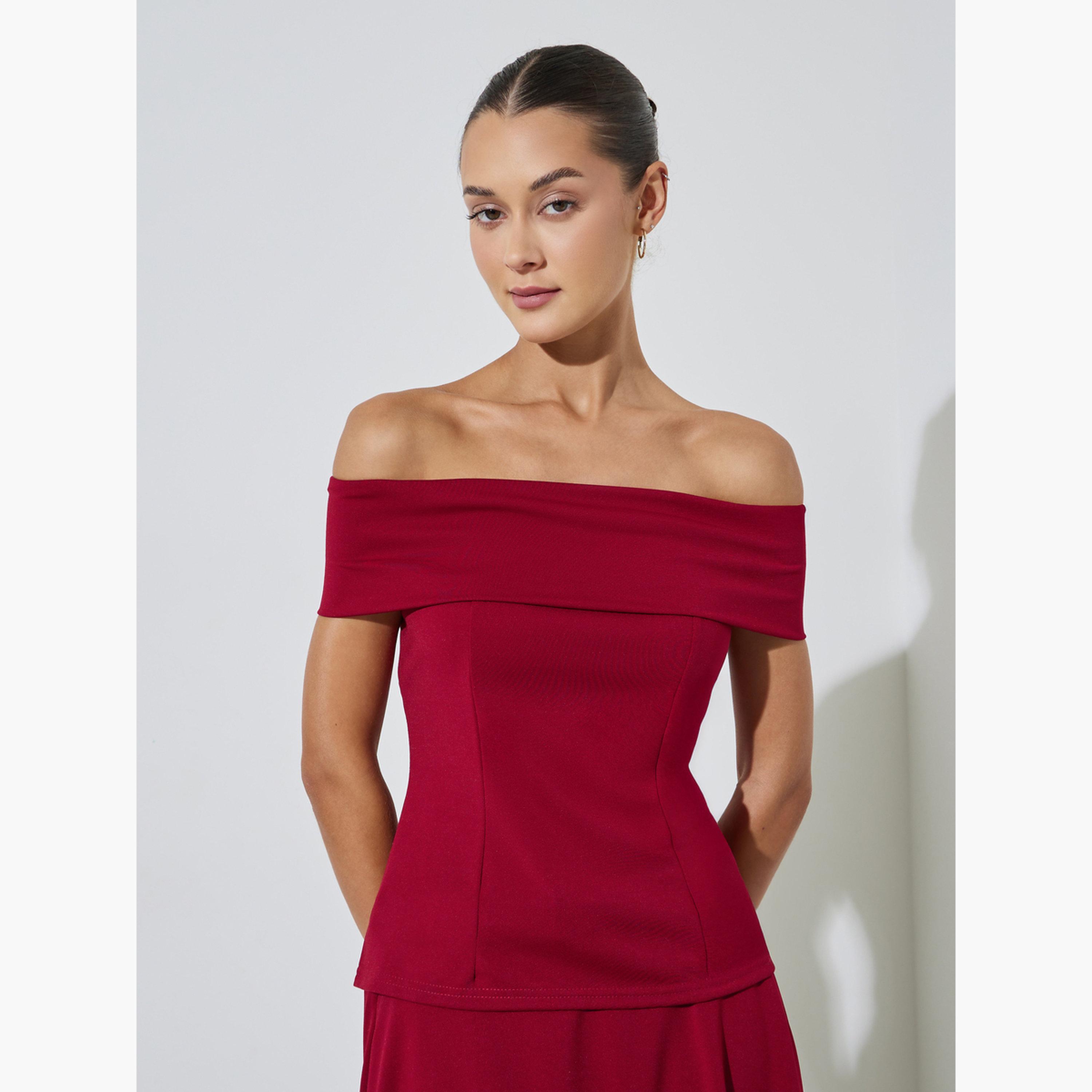 Styli Red Off Shoulder Fitted Knit Top-women-clothing-shirtsandblouses-blouses-image-1