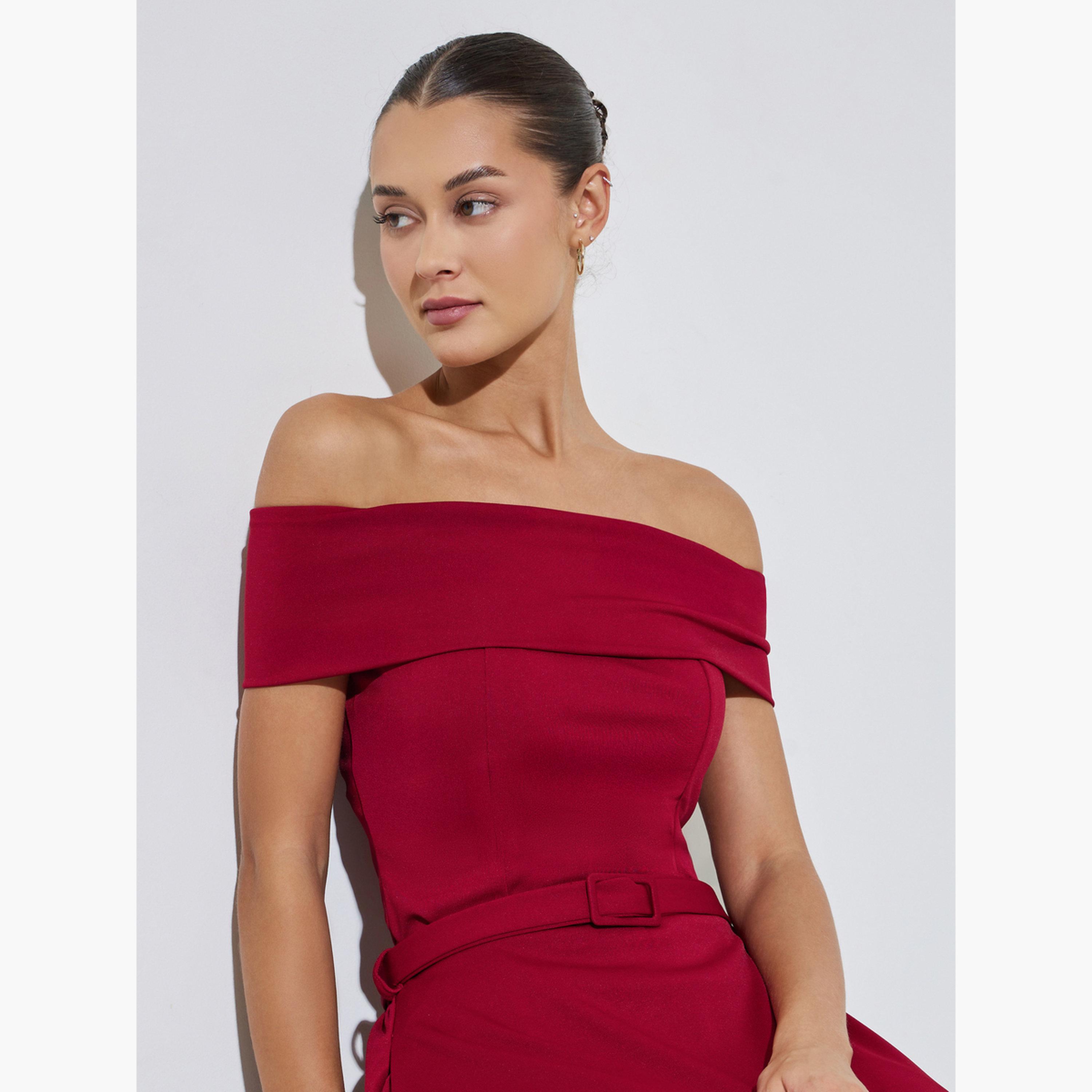 Styli Red Off Shoulder Fitted Knit Top-women-clothing-shirtsandblouses-blouses-image-3