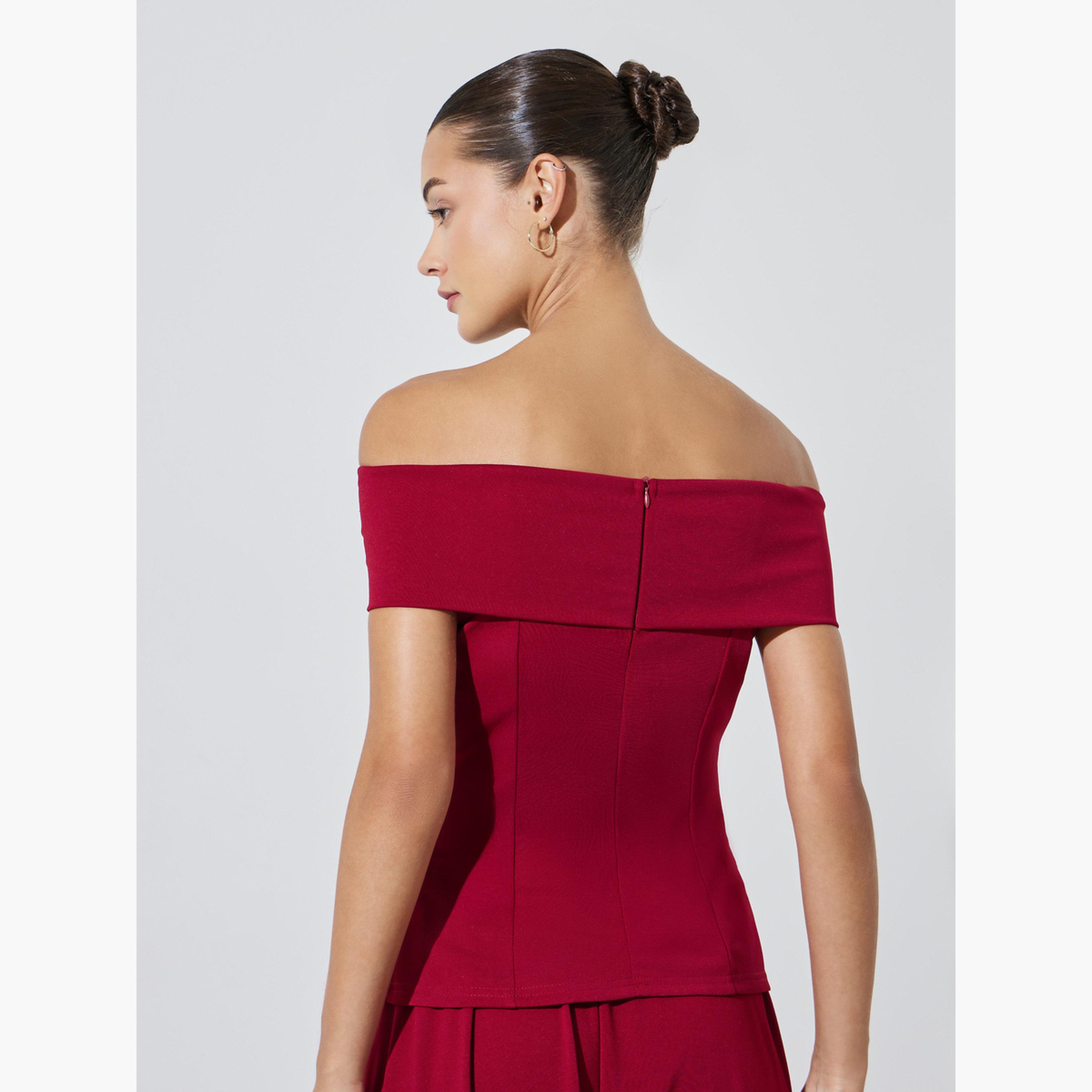 Styli Red Off Shoulder Fitted Knit Top-women-clothing-shirtsandblouses-blouses-image-4