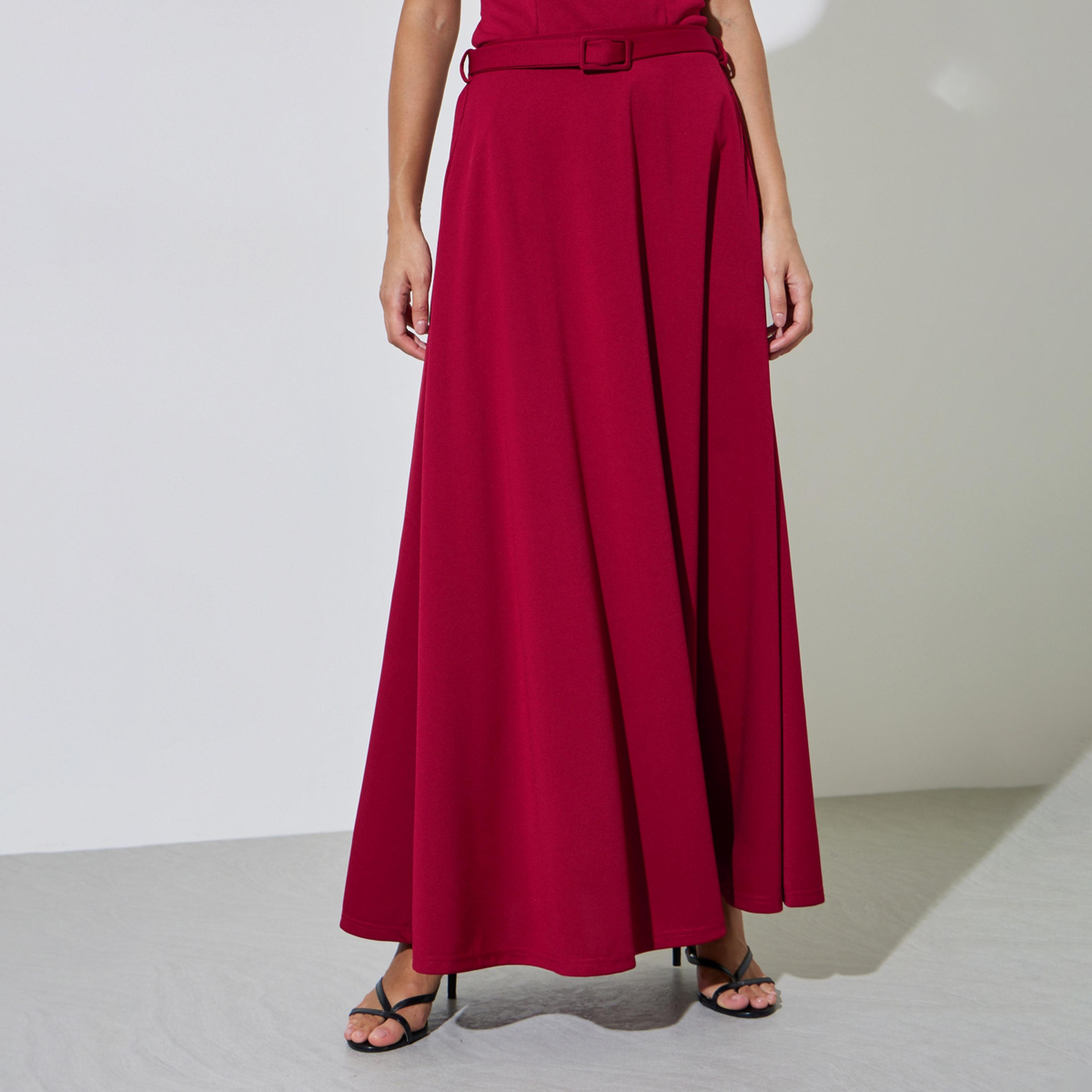 Styli Red A-Line Maxi Skirt with Belt-women-clothing-bottoms-skirts-image-1