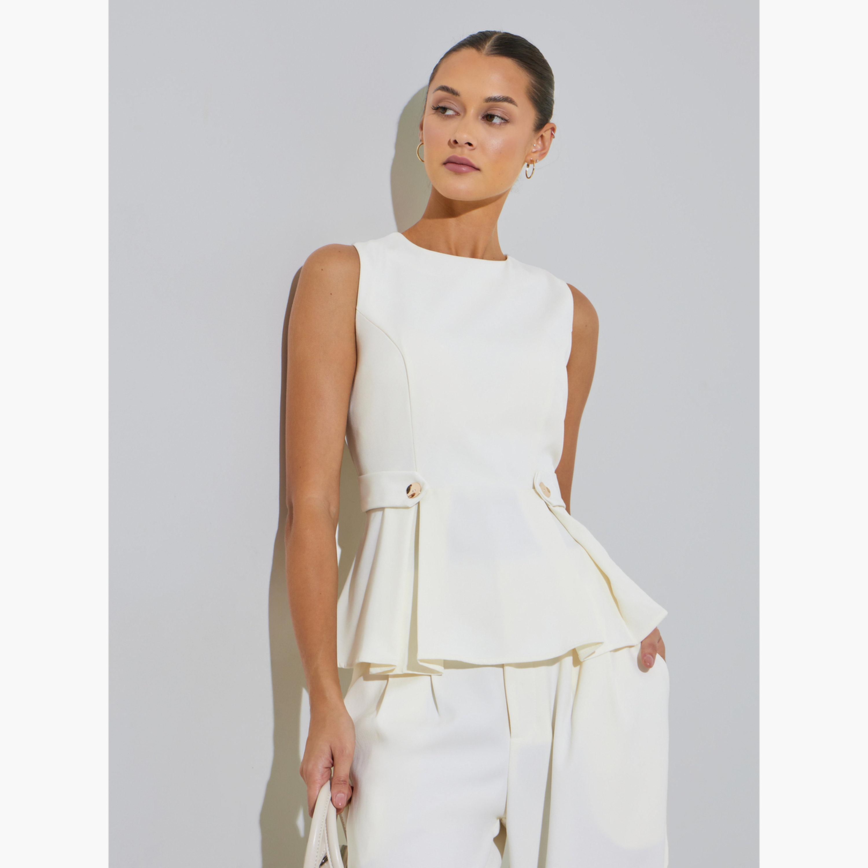 بلوزة بلا أكمام بحافة بيبلوم وبكسرات وتفاصيل أزرار-women-clothing-shirtsandblouses-blouses-image-1