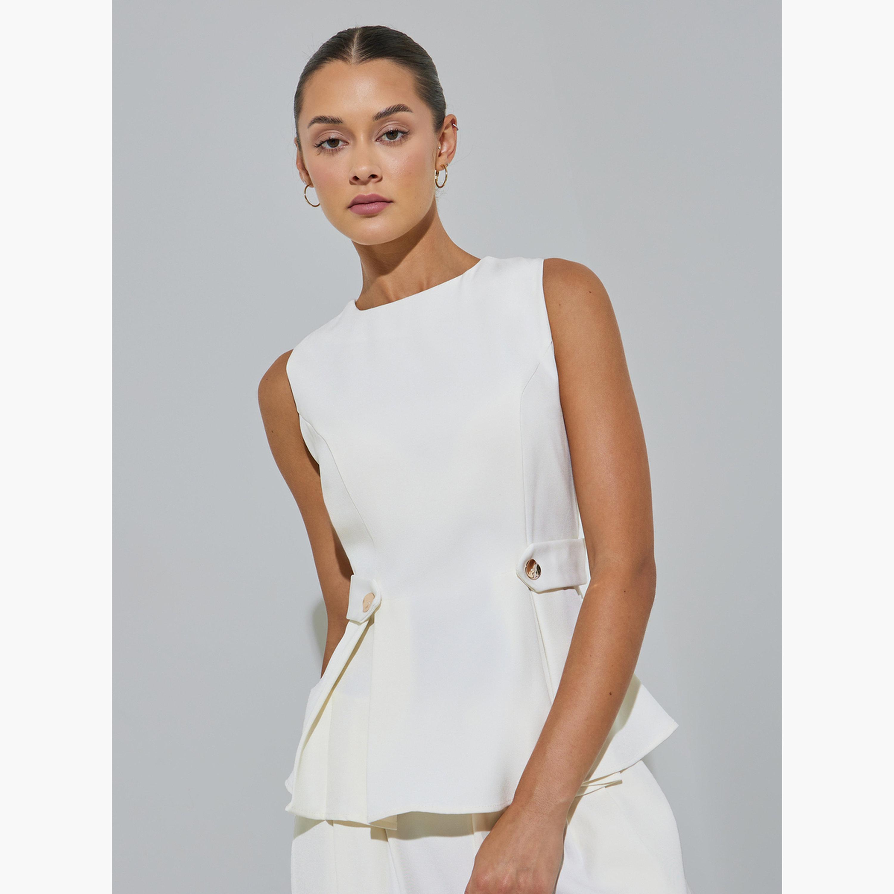 بلوزة بلا أكمام بحافة بيبلوم وبكسرات وتفاصيل أزرار-women-clothing-shirtsandblouses-blouses-image-3