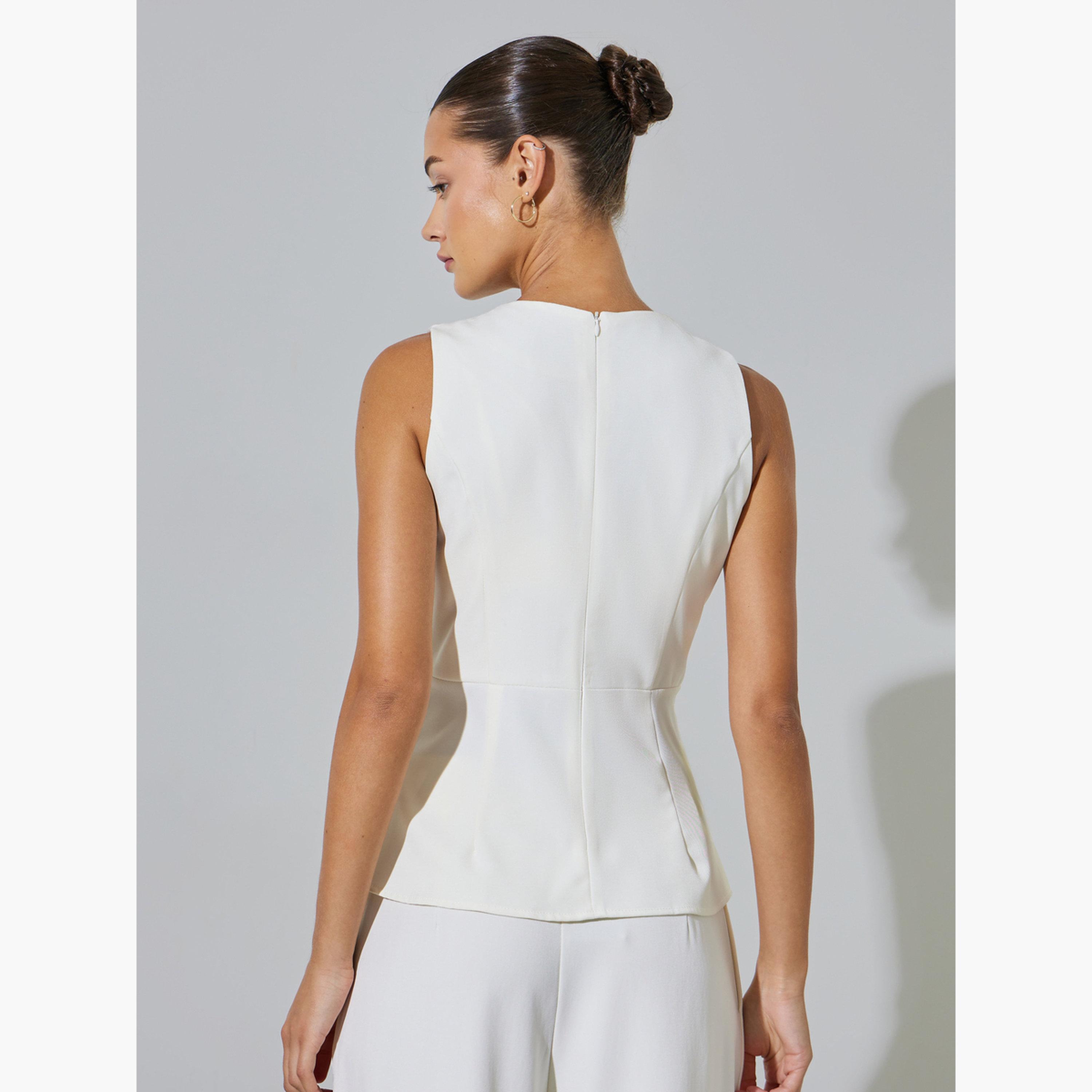 بلوزة بلا أكمام بحافة بيبلوم وبكسرات وتفاصيل أزرار-women-clothing-shirtsandblouses-blouses-image-4