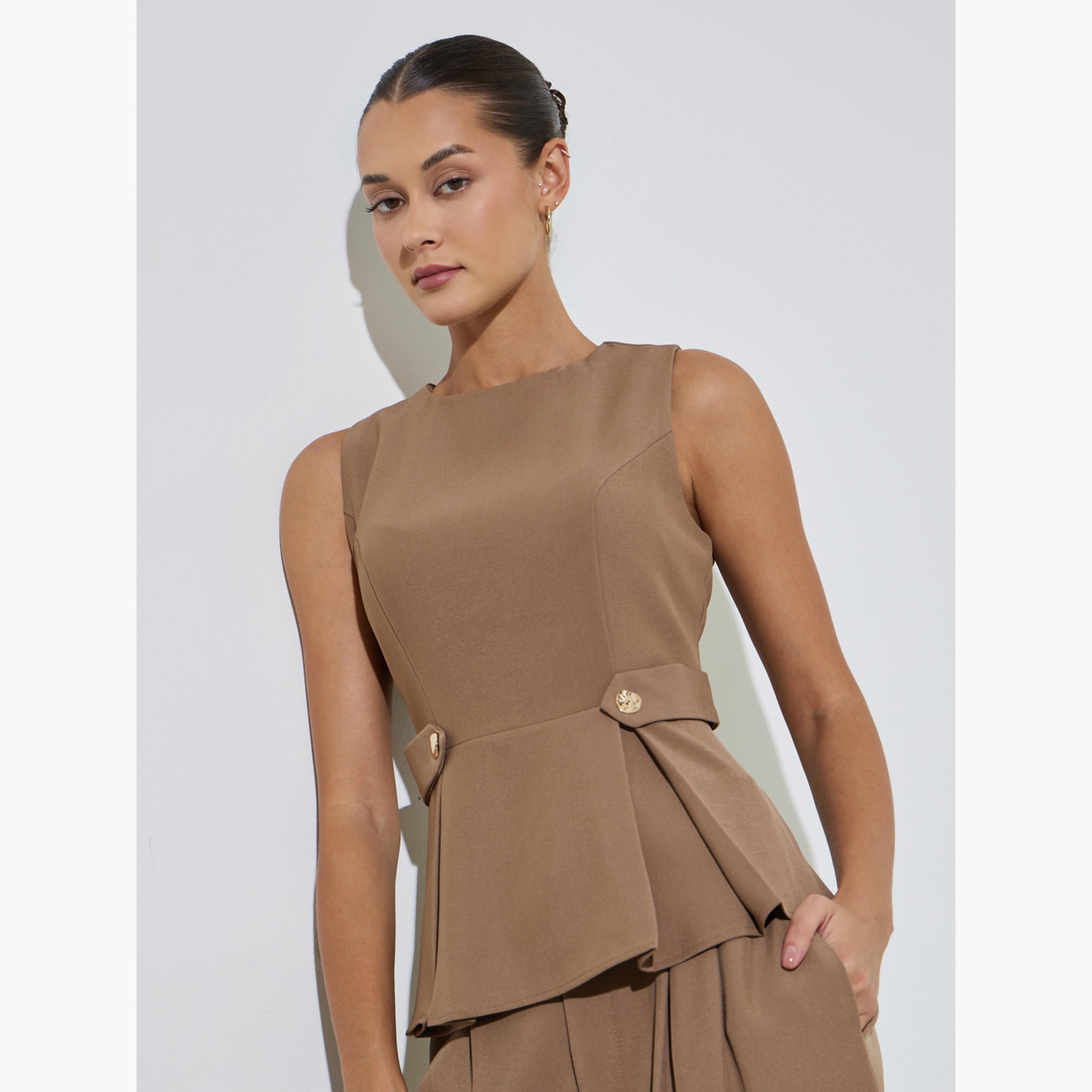 Styli Brown Sleeveless Button Details Pleated Peplum Top-women-clothing-shirtsandblouses-blouses-image-1