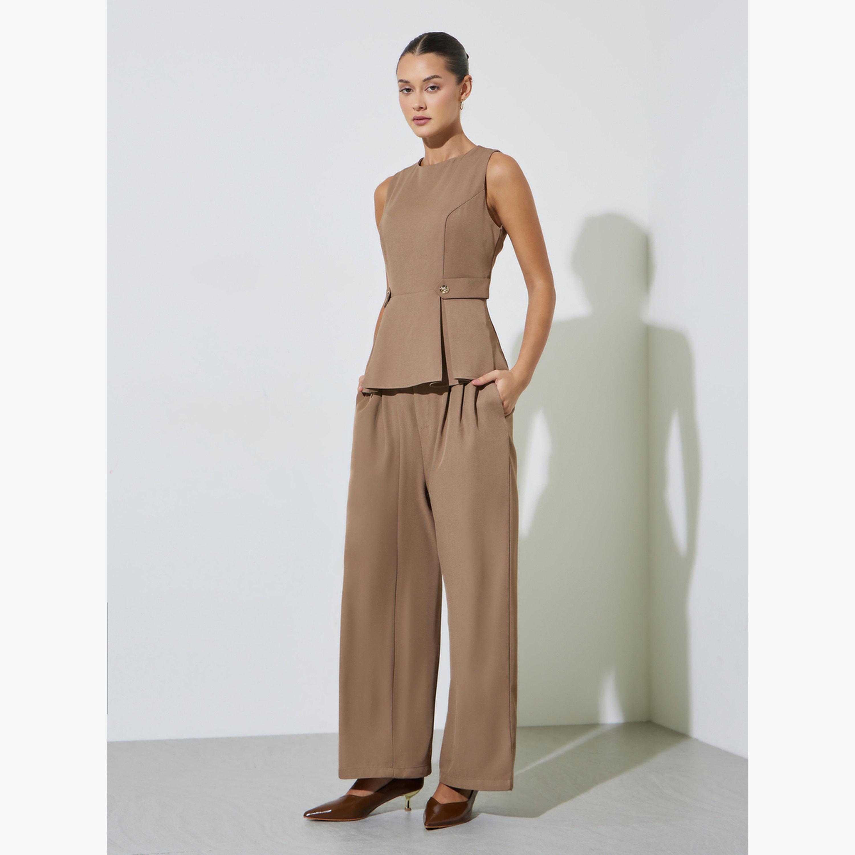Styli Brown Sleeveless Button Details Pleated Peplum Top-women-clothing-shirtsandblouses-blouses-image-2