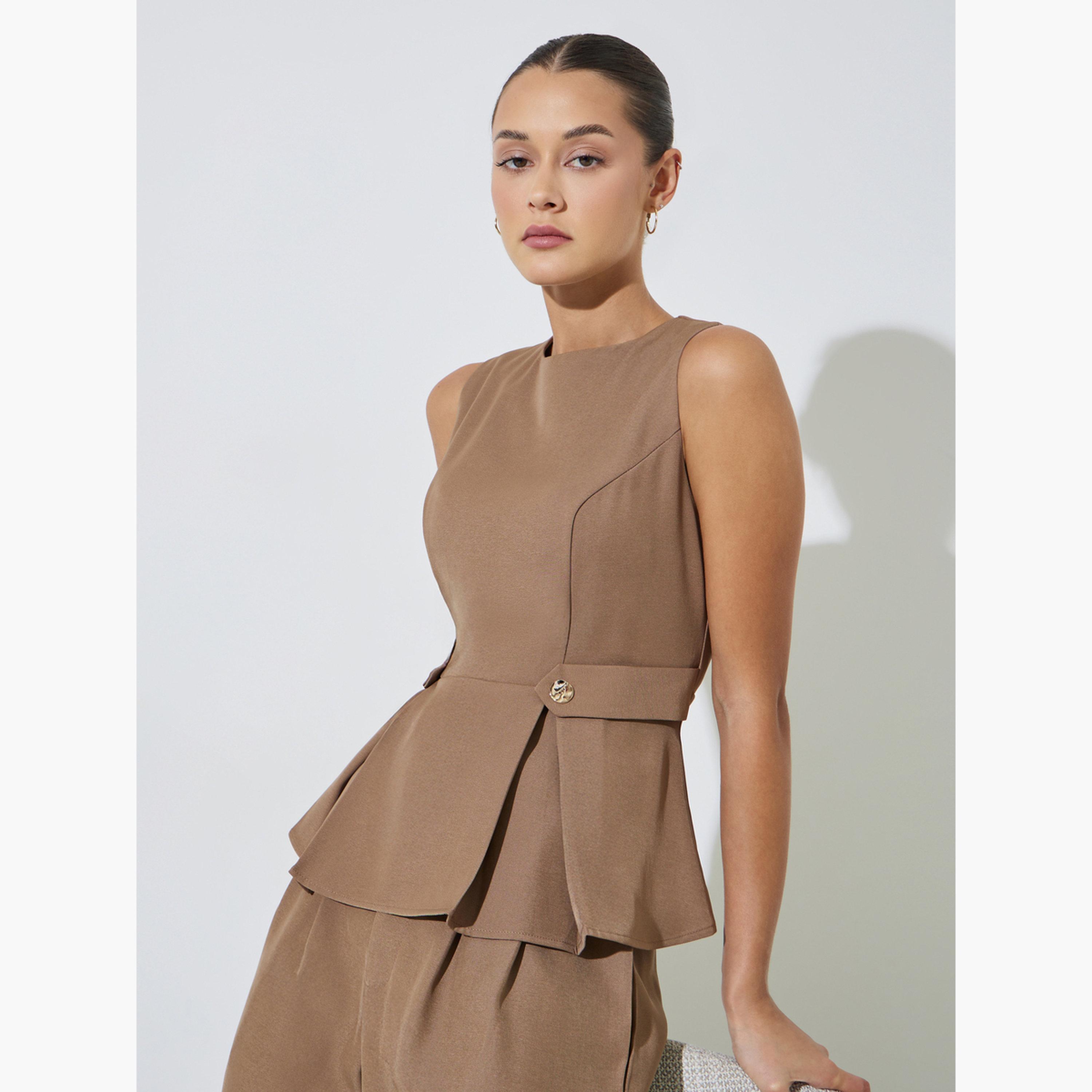 Styli Brown Sleeveless Button Details Pleated Peplum Top-women-clothing-shirtsandblouses-blouses-image-3