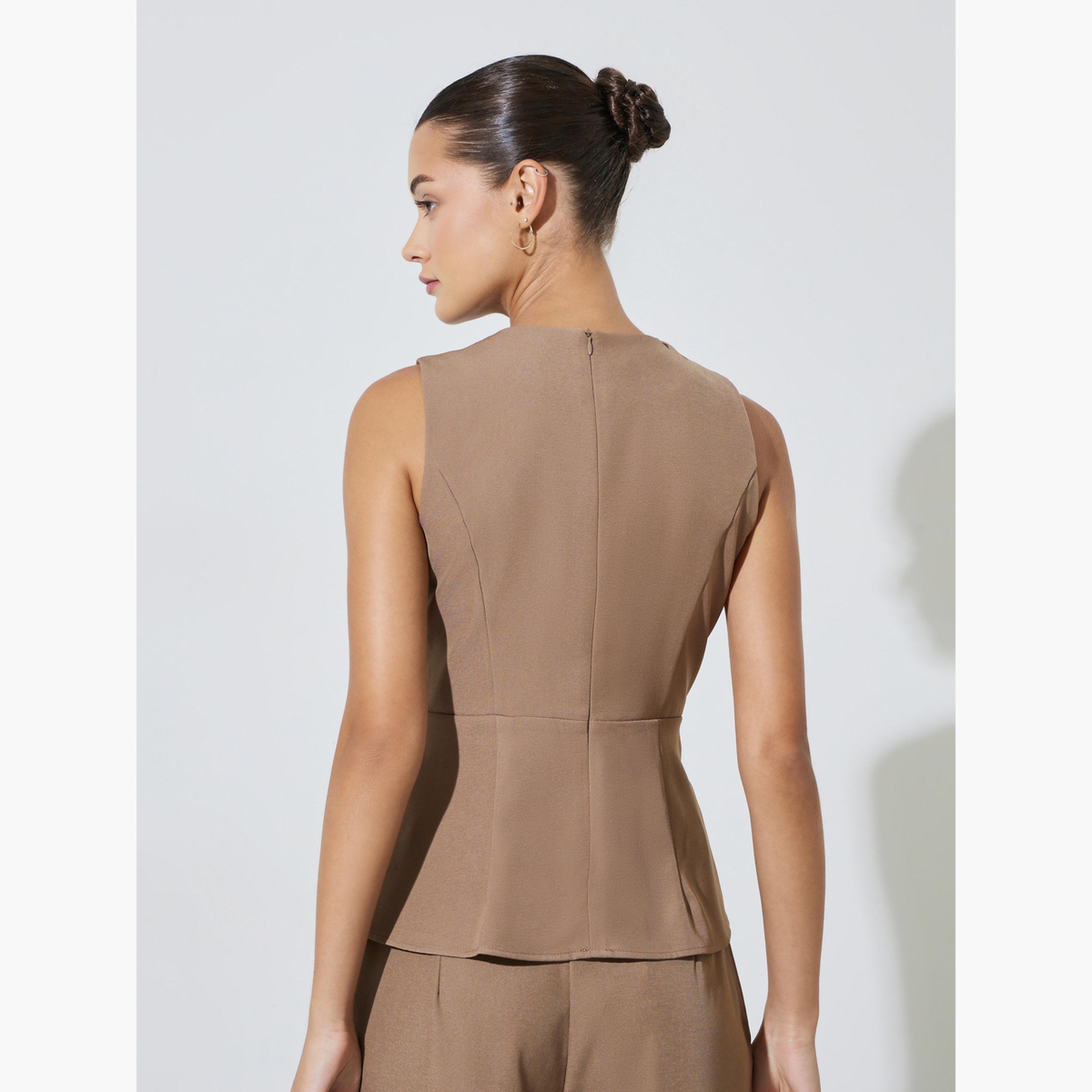 Styli Brown Sleeveless Button Details Pleated Peplum Top-women-clothing-shirtsandblouses-blouses-image-4